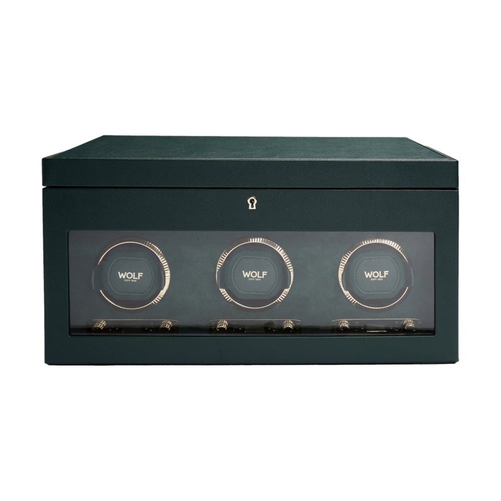 Premium British Racing Green Triple Watch Winder with Storage Case - Automatic Watch Display & Organizer for Luxury Timepieces - Perfect for Watch Collectors & Enthusiasts (Home/Office Display)