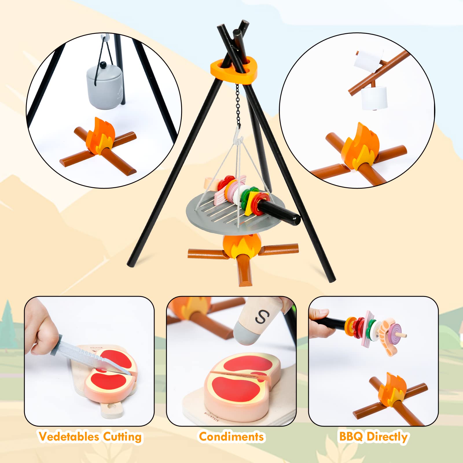 UMI Kids Camping Toys Set - Wooden Pretend Play Campfire & Cutting Food Playset for Play Kitchen, Indoor Outdoor Camping Gear for Toddlers Boys Girls Ages 3-8 - Perfect for Pretend Play, Birthday Gifts & Outdoor Adventure Learning