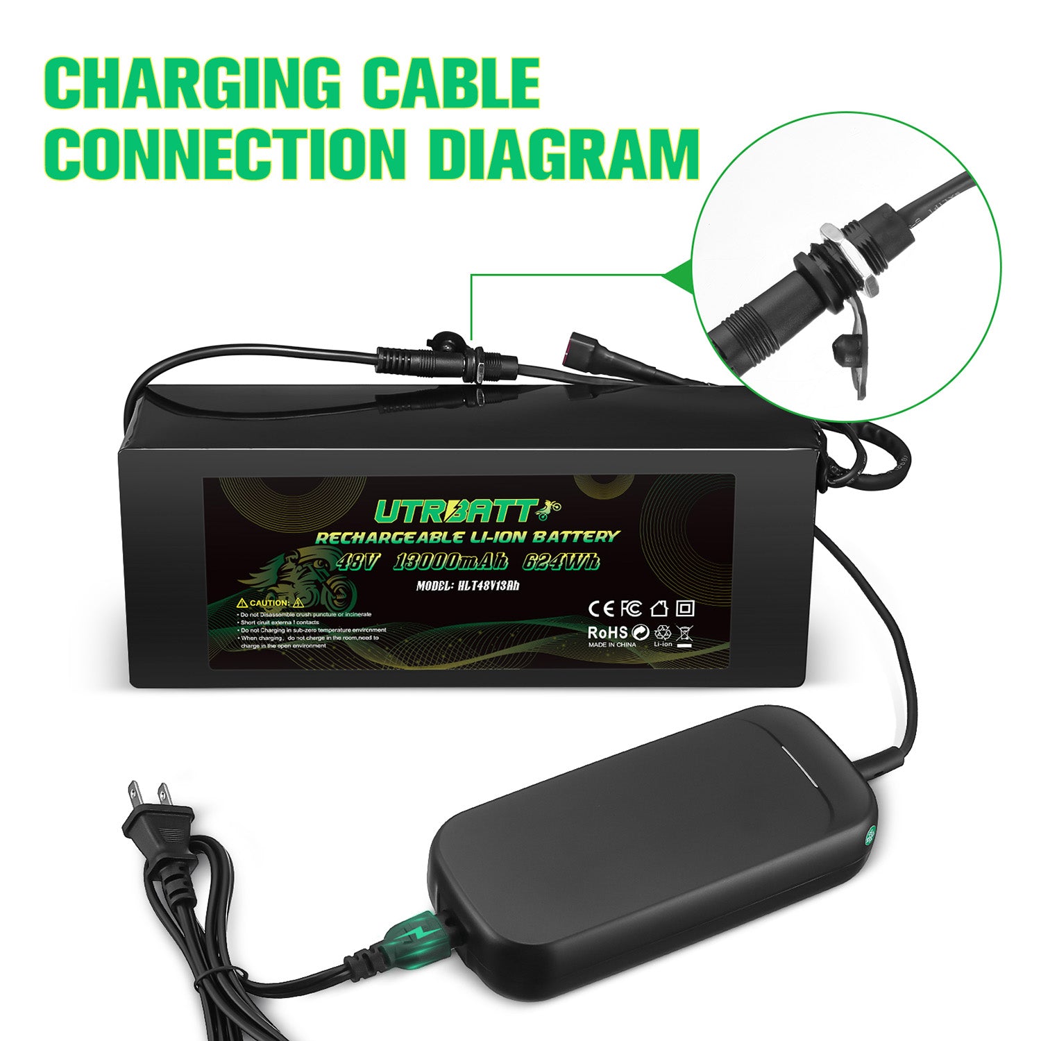 48V 13Ah Lithium Ion Battery with Charger - Compatible with E-Bikes & Electric Scooters - Long Lasting Power for Commuting & Outdoor Adventures