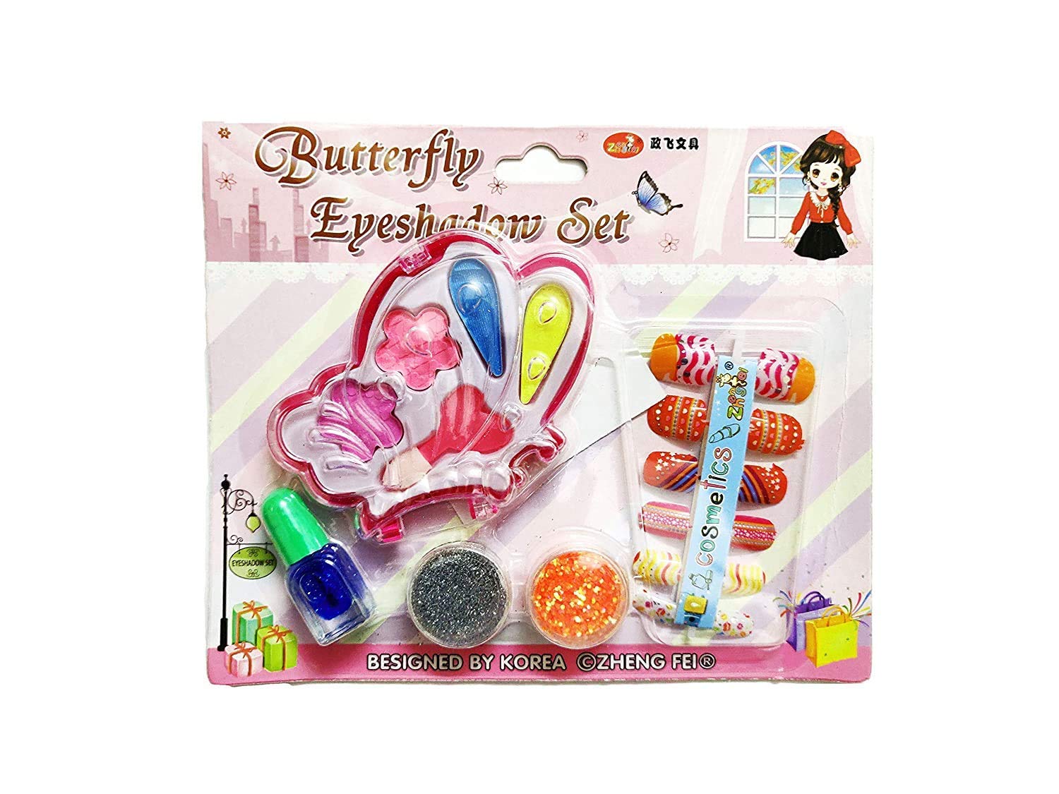 2 Pcs Kids Nail Art & Eyeshadow Kit with 12 Fake Nails, Glitter & Tools - Home Salon Set for Girls Birthday Gifts, DIY Manicure & Makeup Play (Random Cute Designs) - Perfect for Parties, Sleepovers & Pretend Play