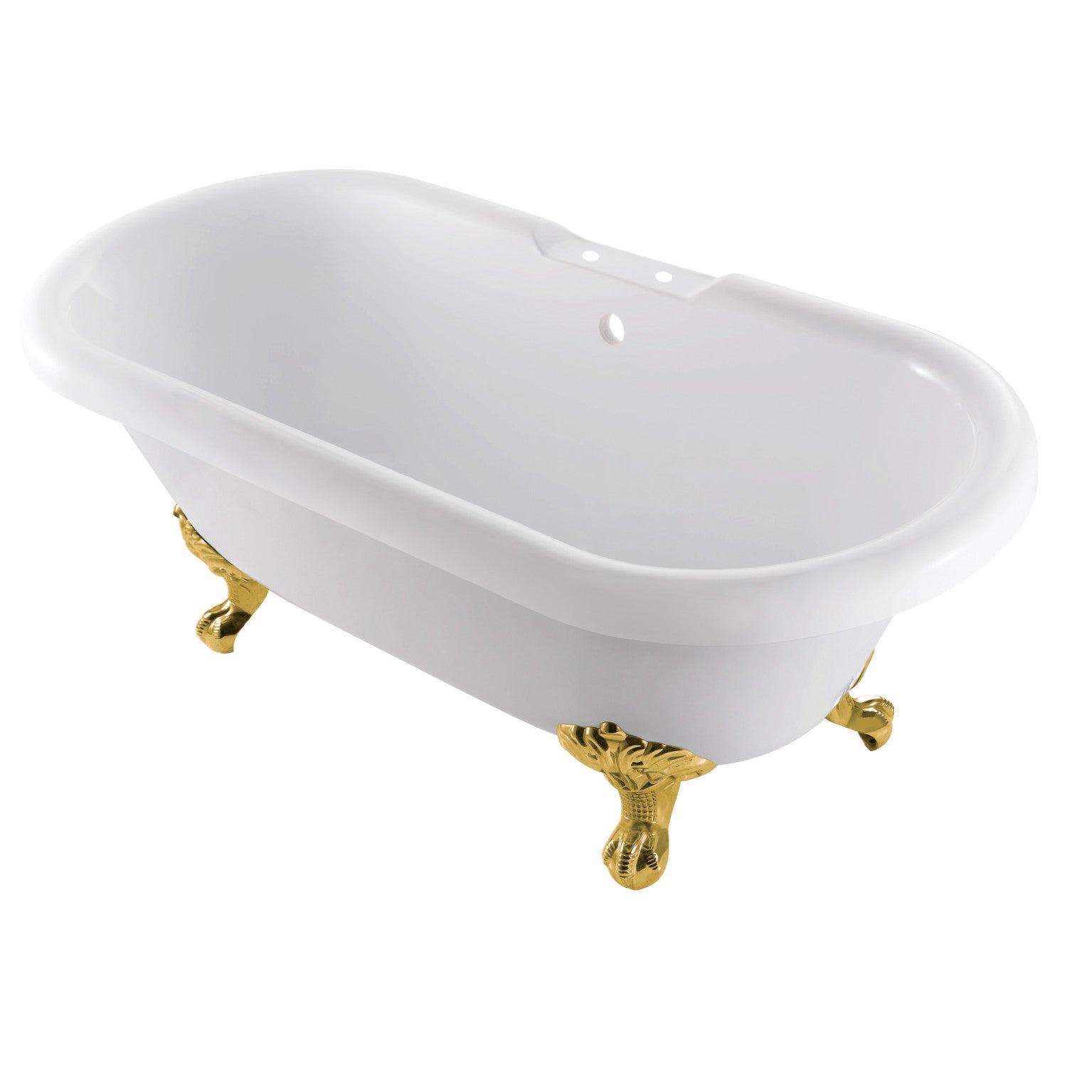 Aqua Eden 67 Inch Acrylic Oval Double Ended Clawfoot Bathtub with 7 Inch Faucet Drillings - Glossy White & Brushed Brass Finish | Vintage Style Freestanding Tub for Luxury Bathroom & Spa Retreat