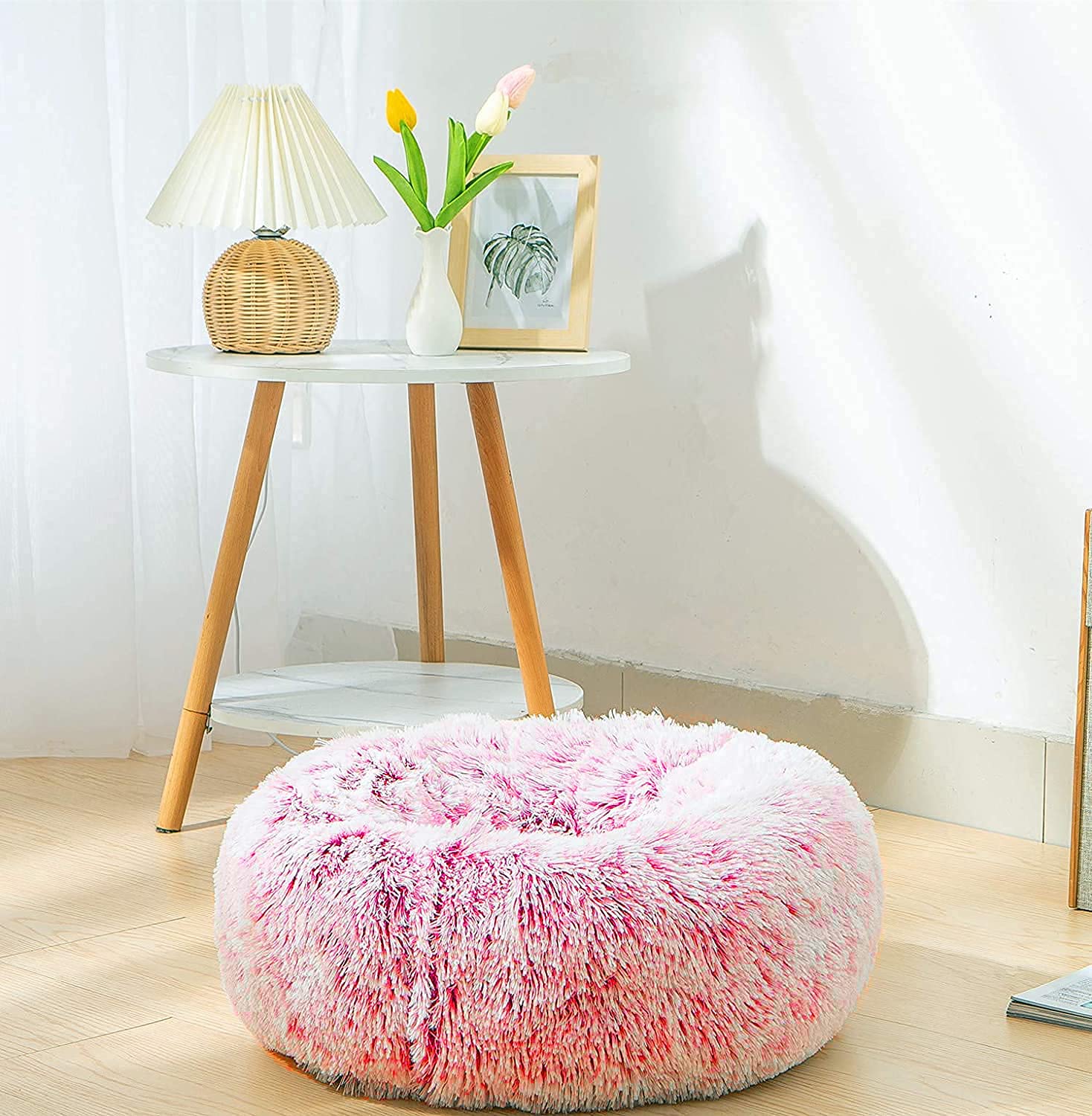 Calming Donut Dog Bed XL - Plush Round Anti-Anxiety Pet Bed for Dogs & Cats, Soft Marshmallow Faux Fur Cushion (32 Inch, Pink) - Perfect for Anxious Pets, Crate Training, and Cozy Napping Spots
