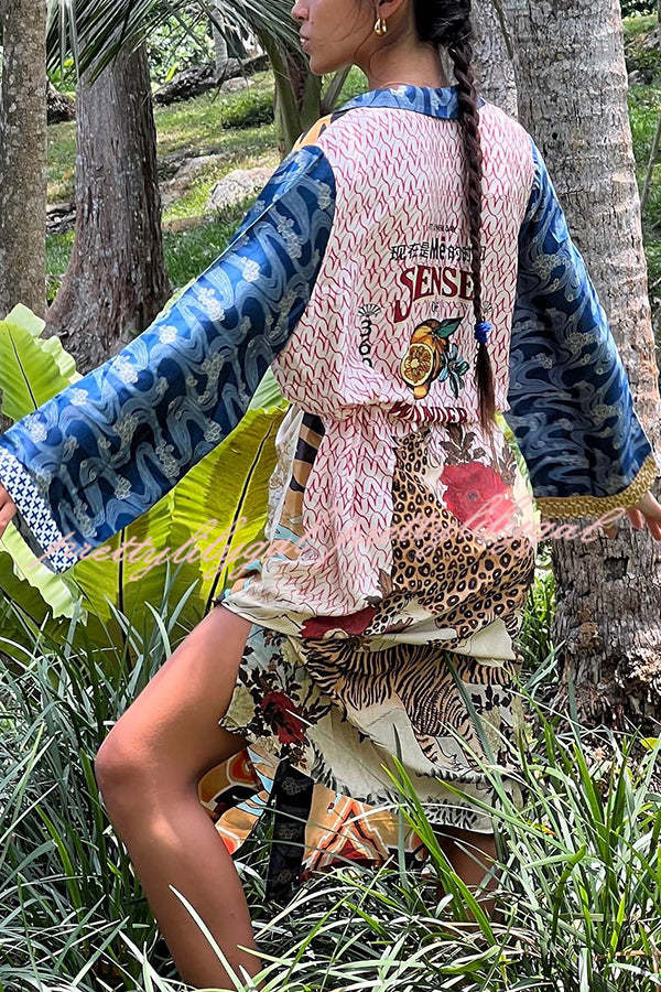 Exotic Tropical Jungle Tiger Print Long Sleeve Belted Kimono Coat with Pockets - Boho Chic Outerwear for Women, Perfect for Beach Cover-ups, Music Festivals & Casual Loungewear