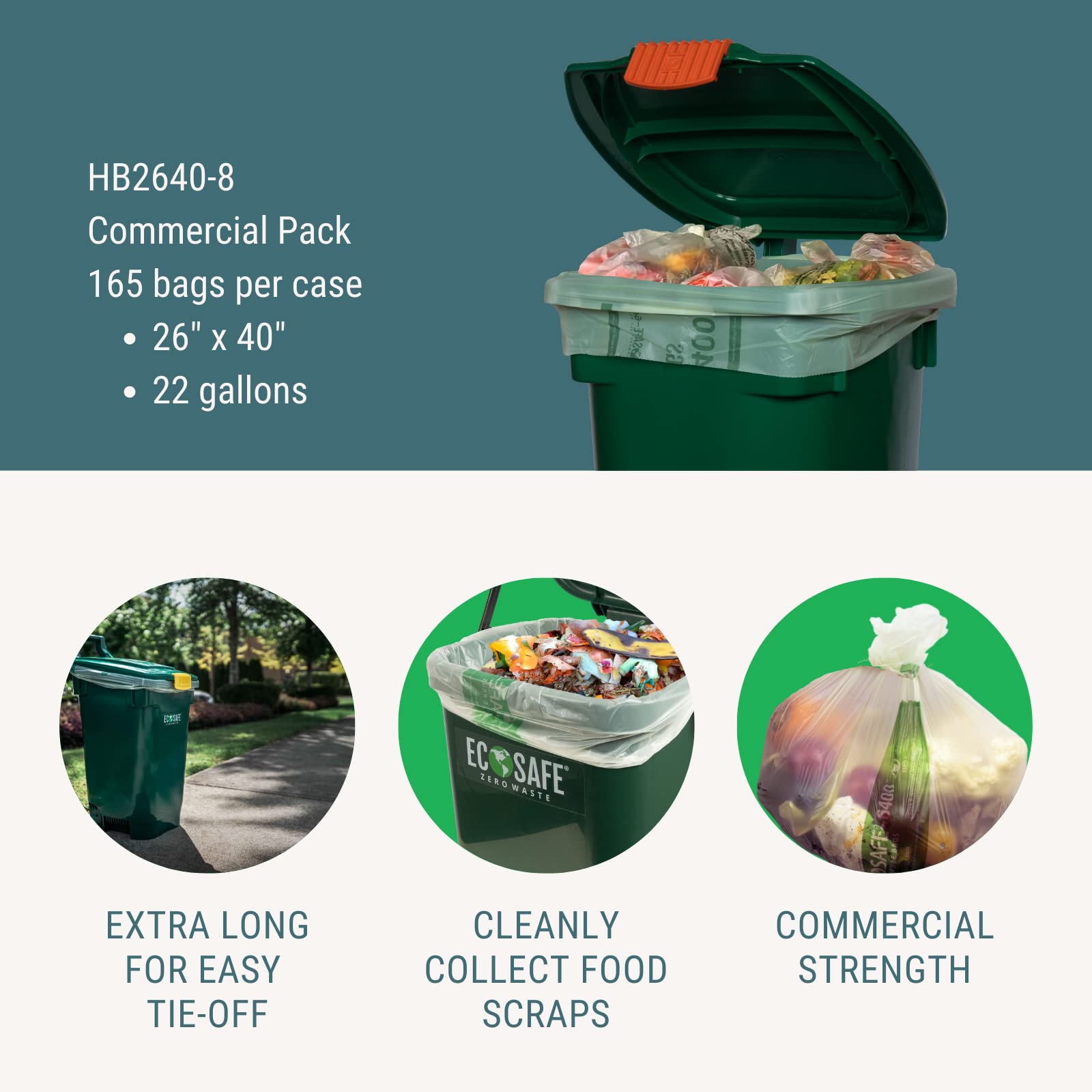 **EcoSafe-6400 HB2640-8 Certified Compostable Bags - 26x40 Inch Green Compost Bags for 22 Gallon Bin - Extra Strong, Leak, Puncture & Tear Resistant Food Scraps Bin Liners (Pack of 165) - Perfect for Kitchen, Yard Waste & Eco-Friendly Composting**