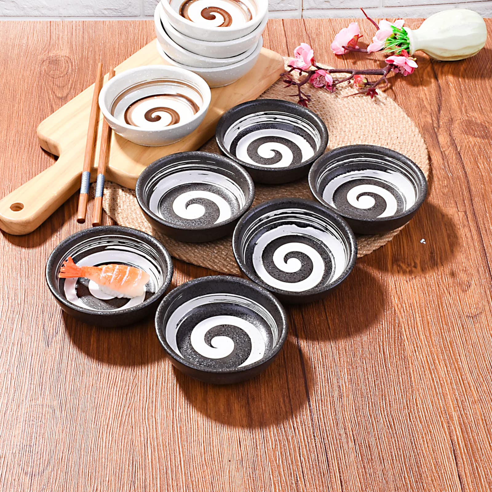 Premium Japanese Porcelain Side Dish Bowls - 3.7 Inch Ceramic Dipping Sauce Bowls Set of 6 (Black) - Perfect for Sushi, Appetizers, Seasoning, and Party Serving - Elegant Small Dishes for Soy Sauce, Wasabi, and Condiments