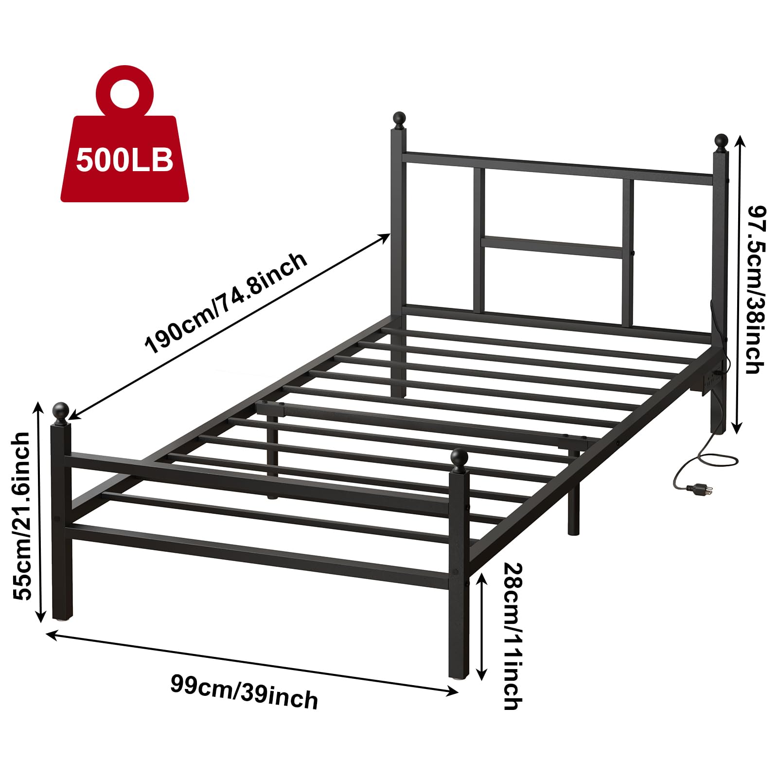 **Fixwal Twin Bed Frame with USB Charging Station & Power Outlet - Sturdy Metal Platform Bed for Small Spaces, Dorm Rooms & Guest Bedrooms**