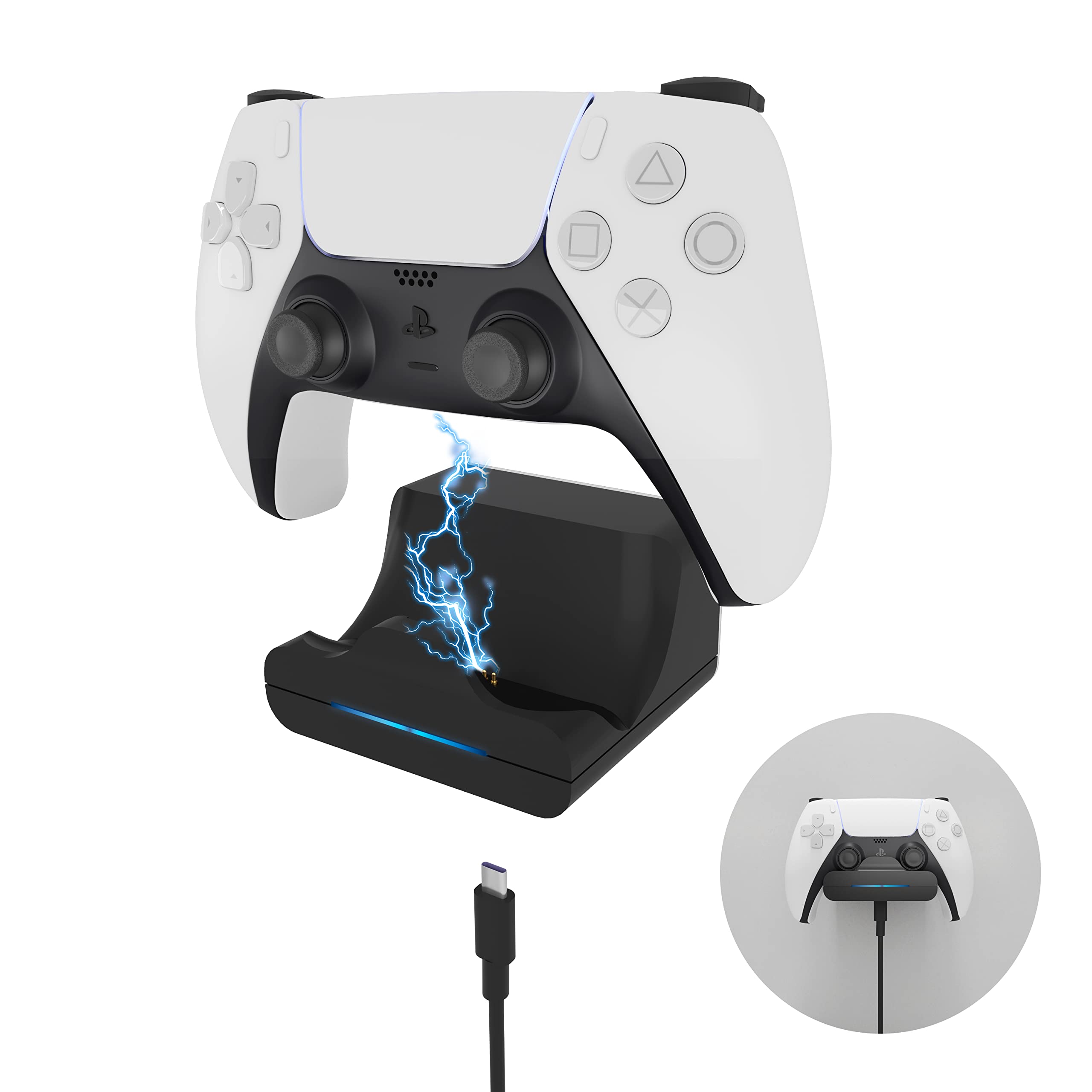 PS5 DualSense Controller Charging Station with 1m USB-C Cable & LED Indicator - Wall Mountable Charger Dock for Playstation 5 Gamepad - Perfect for Gaming Setup and Multi-Controller Charging