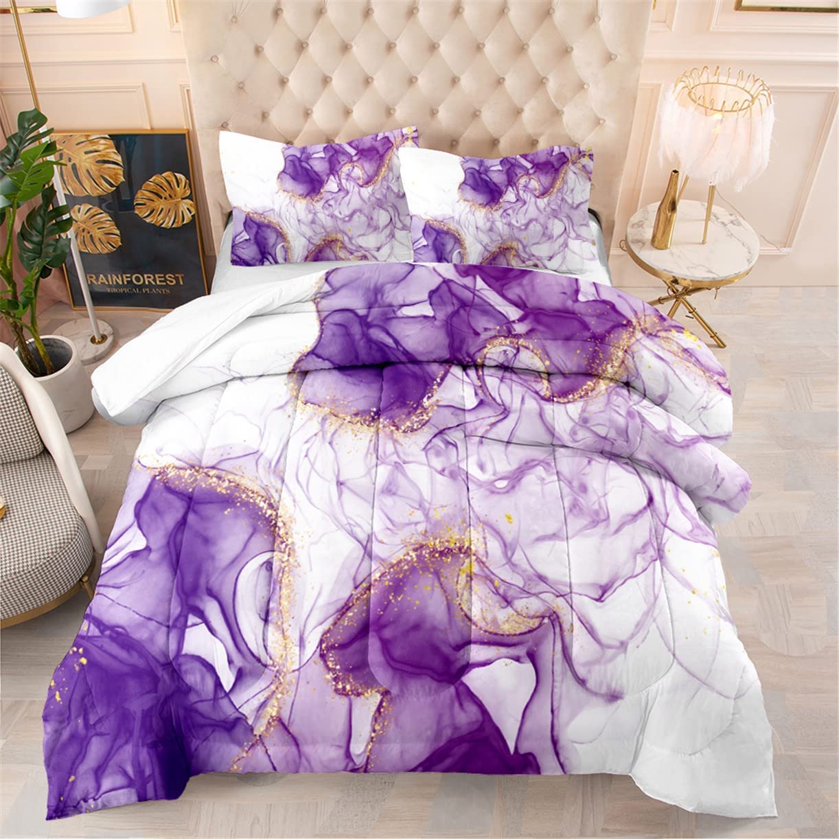 EDUMEYA Purple White Marble Bedding Set Twin Size - Gold Glitter Marble Pattern Comforter & Pillowcase for Girls & Women - Modern Marble Art Design - Perfect for Teen Bedrooms, Dorm Decor & Gift Ideas
