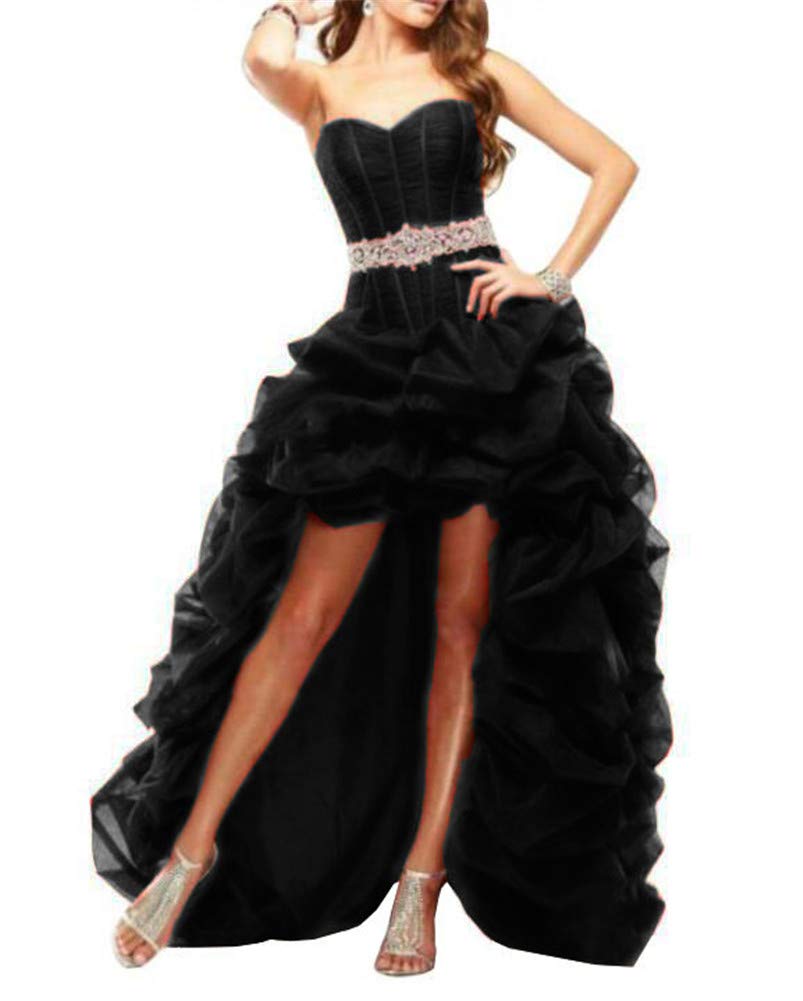 Elegant Black Women's High Low Prom Dress with Beaded Sash - Bandage Style Long Back Short Front Evening Gown for Homecoming, Cocktail Parties & Special Occasions
