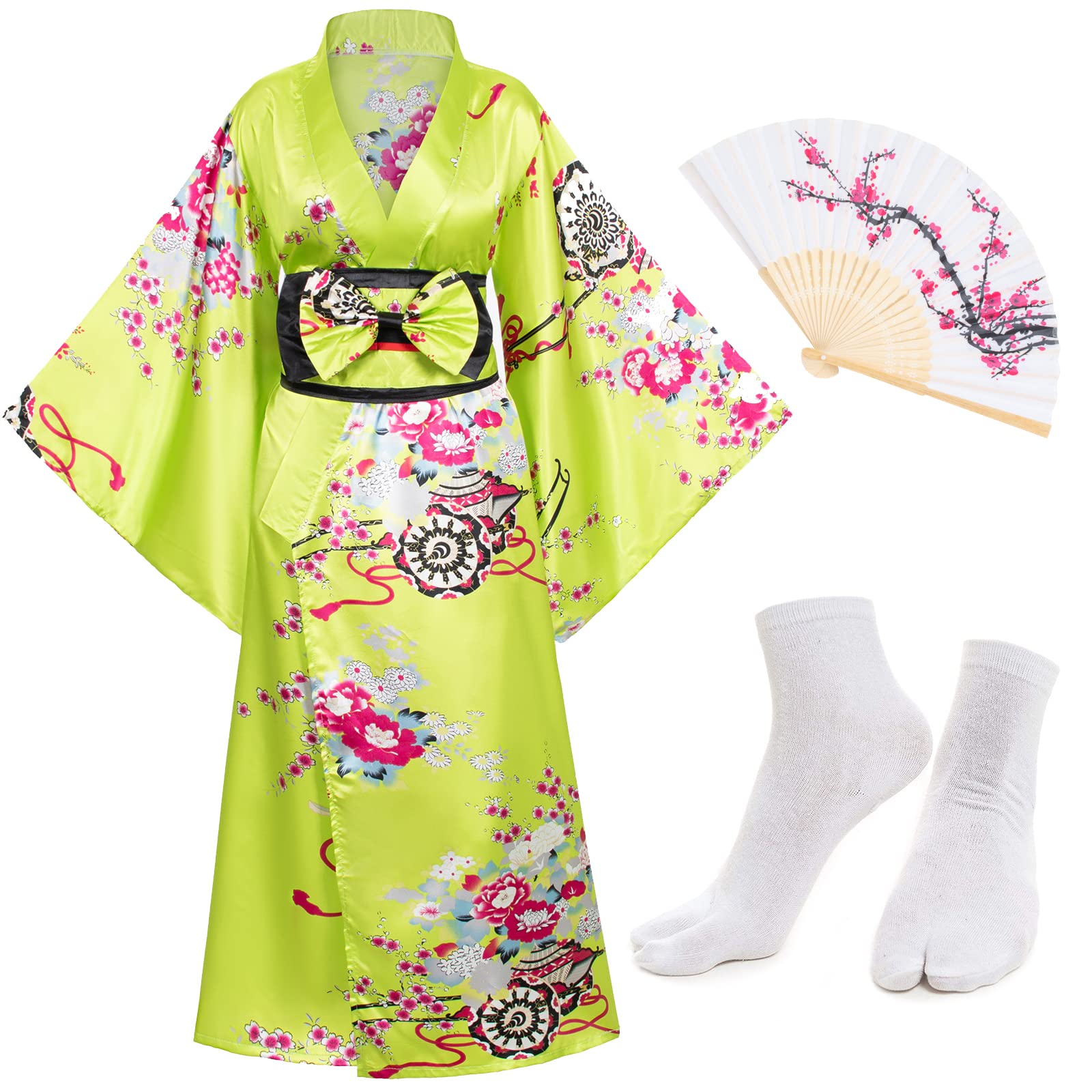 Japanese Anime Women's Kimono Robe - Geisha Yukata Sweet Dress with Blossom Satin Bathrobe & Sleepwear Set | Cosplay, Loungewear, Themed Parties & Gift for Anime Fans