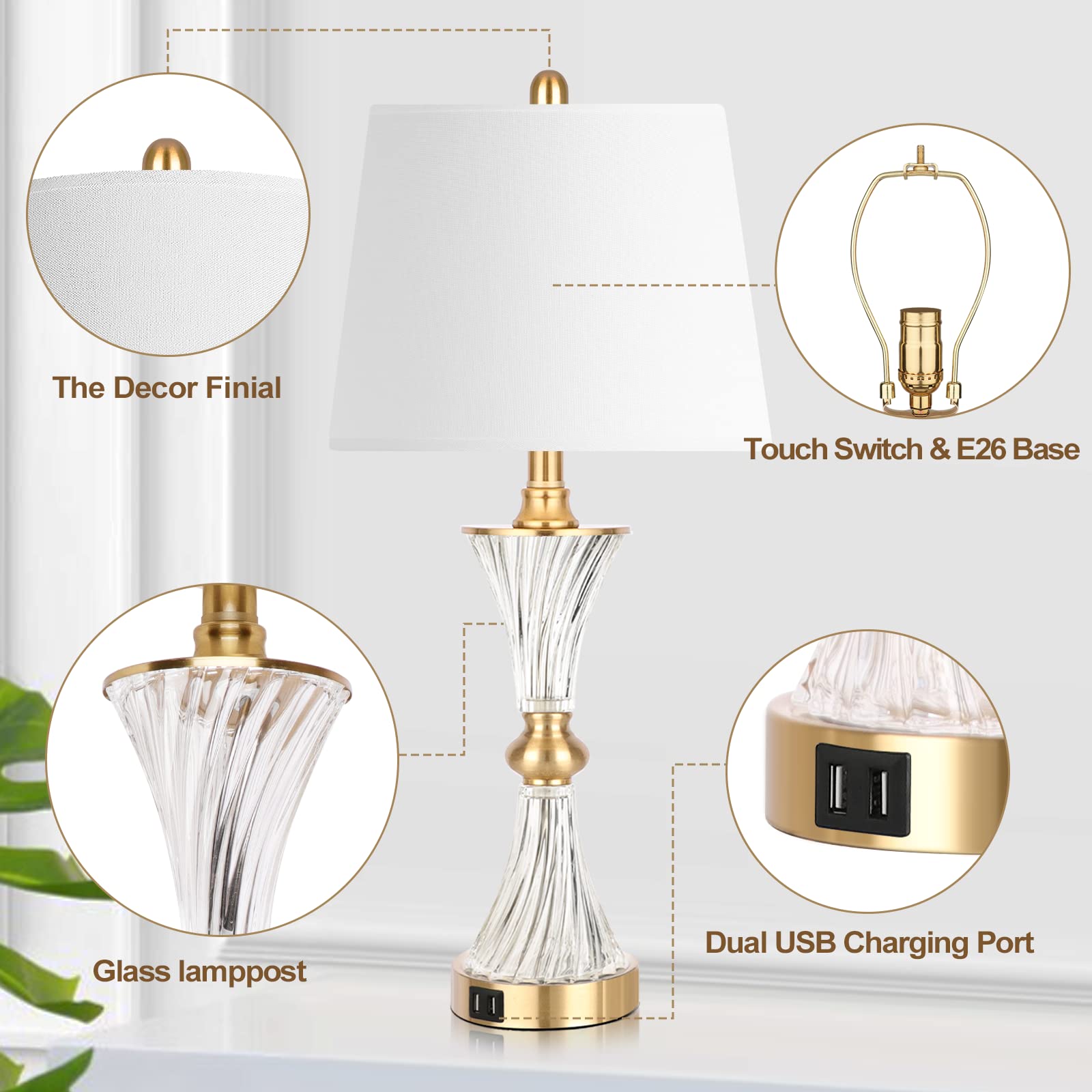 Modern Touch Table Lamps Set of 2 - 3-Way Dimmable Gold Glass Bedside Lamps with USB Charging Ports (2 Bulbs Included) for Bedroom, Living Room & Nightstand - Perfect for Reading, Relaxing and Charging Devices