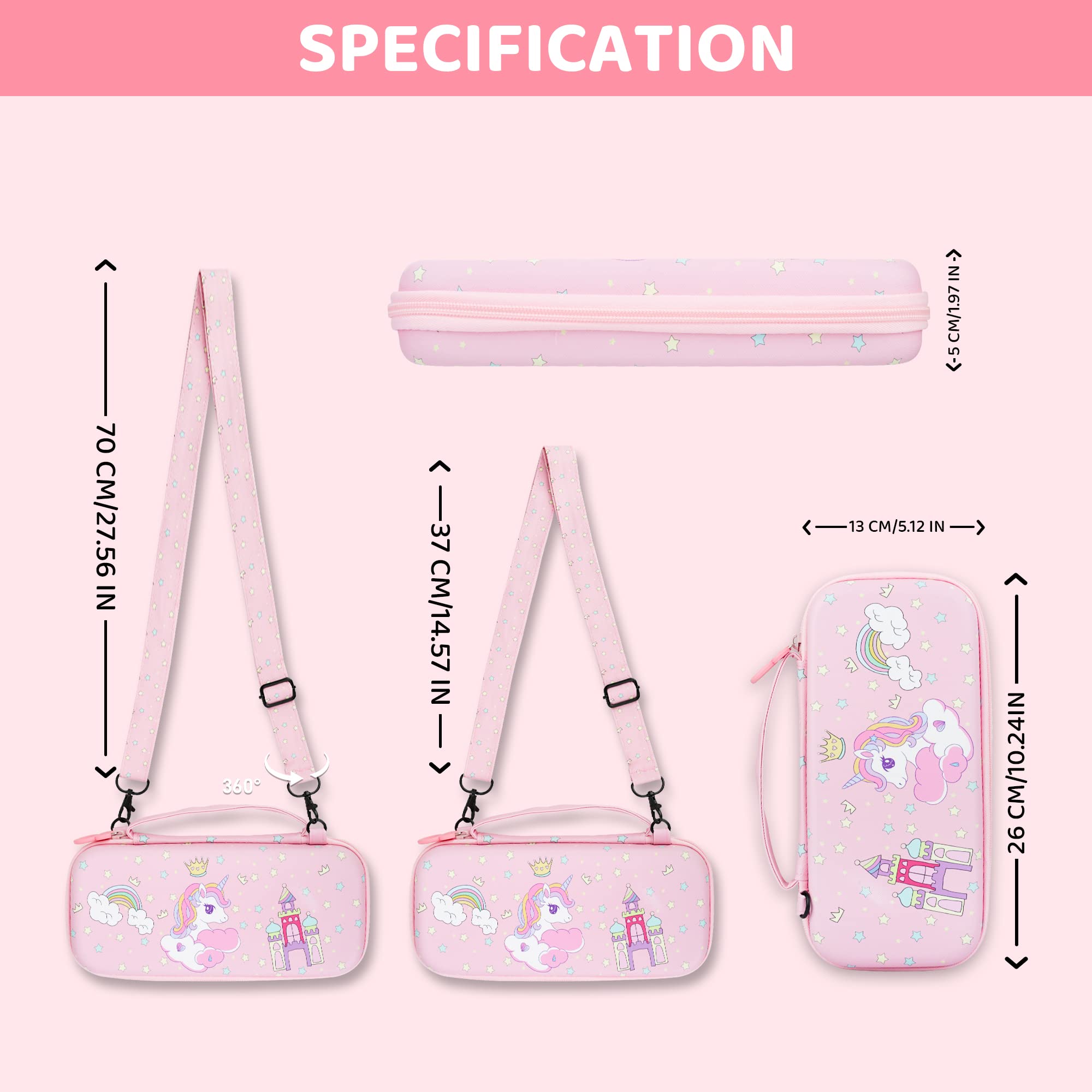 GLDRAM Nintendo Switch OLED Carrying Case - Pink Anime Design with Hard PC Shell, Screen Protector, Thumb Grips & Shoulder Strap | Travel Protection Bundle for Girls | Perfect for Gaming On-The-Go, Commuting & Travel Accessories