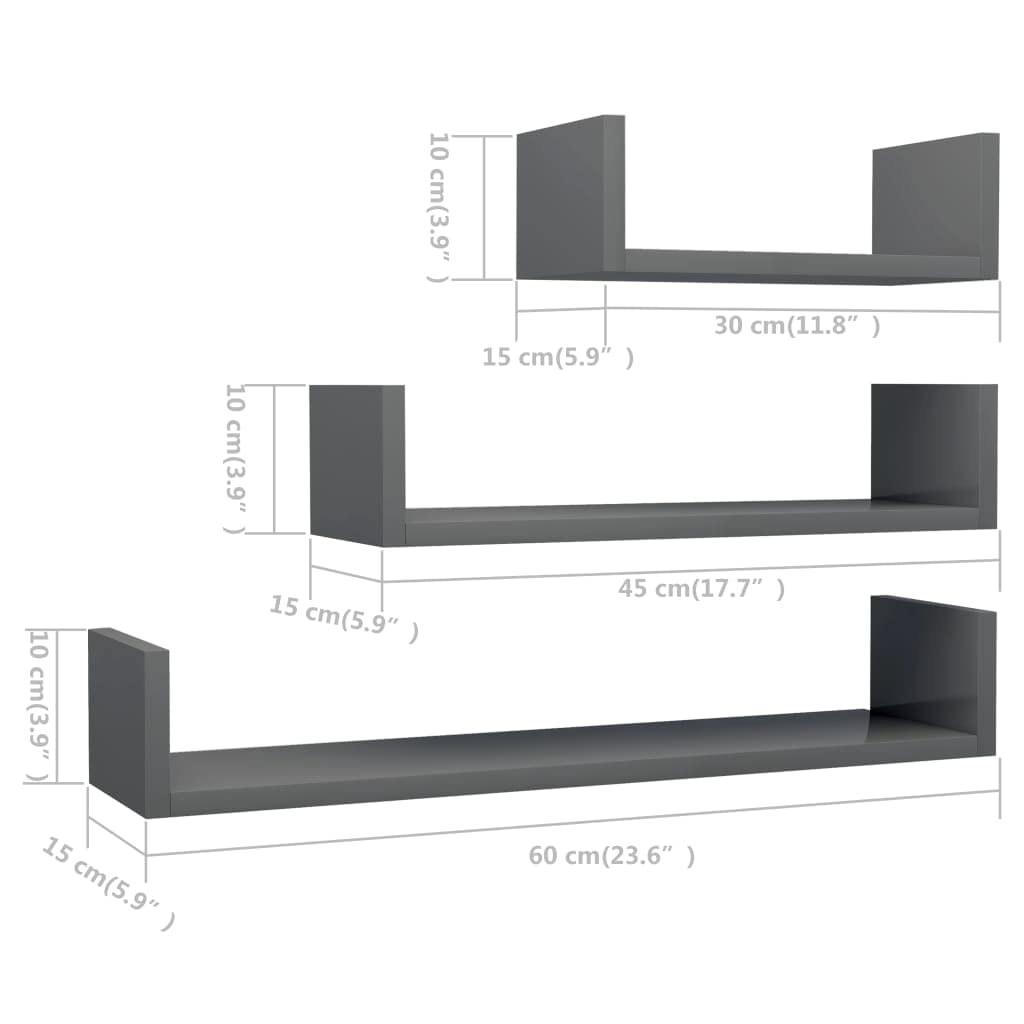 3-Pack Floating Wall Shelves Set - High Gloss Gray Chipboard Wall Mounted Display Shelves for Bedroom, Living Room & Office Decor - Perfect for Books, Photos & Decorative Items
