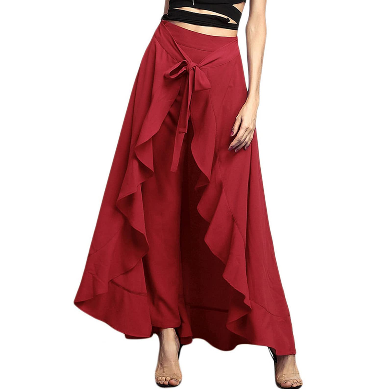 Women's High Waist Ruffle Skirt Pants - Long Chiffon Palazzo Culottes for Casual Wear & Beach Outfits | Perfect for Summer Vacations, Date Nights & Boho Fashion