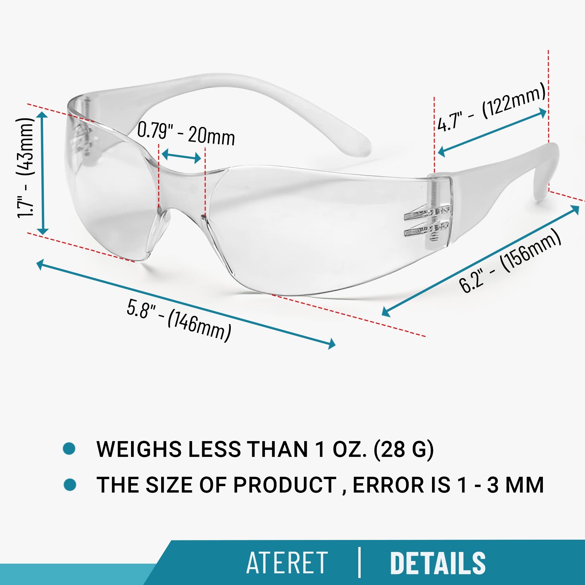 ATERET 144 Pairs Safety Glasses - ANSI Z87.1 Certified, Anti-Scratch Polycarbonate Lenses, Impact Resistant Eye Protection for Construction, Woodworking & DIY Projects