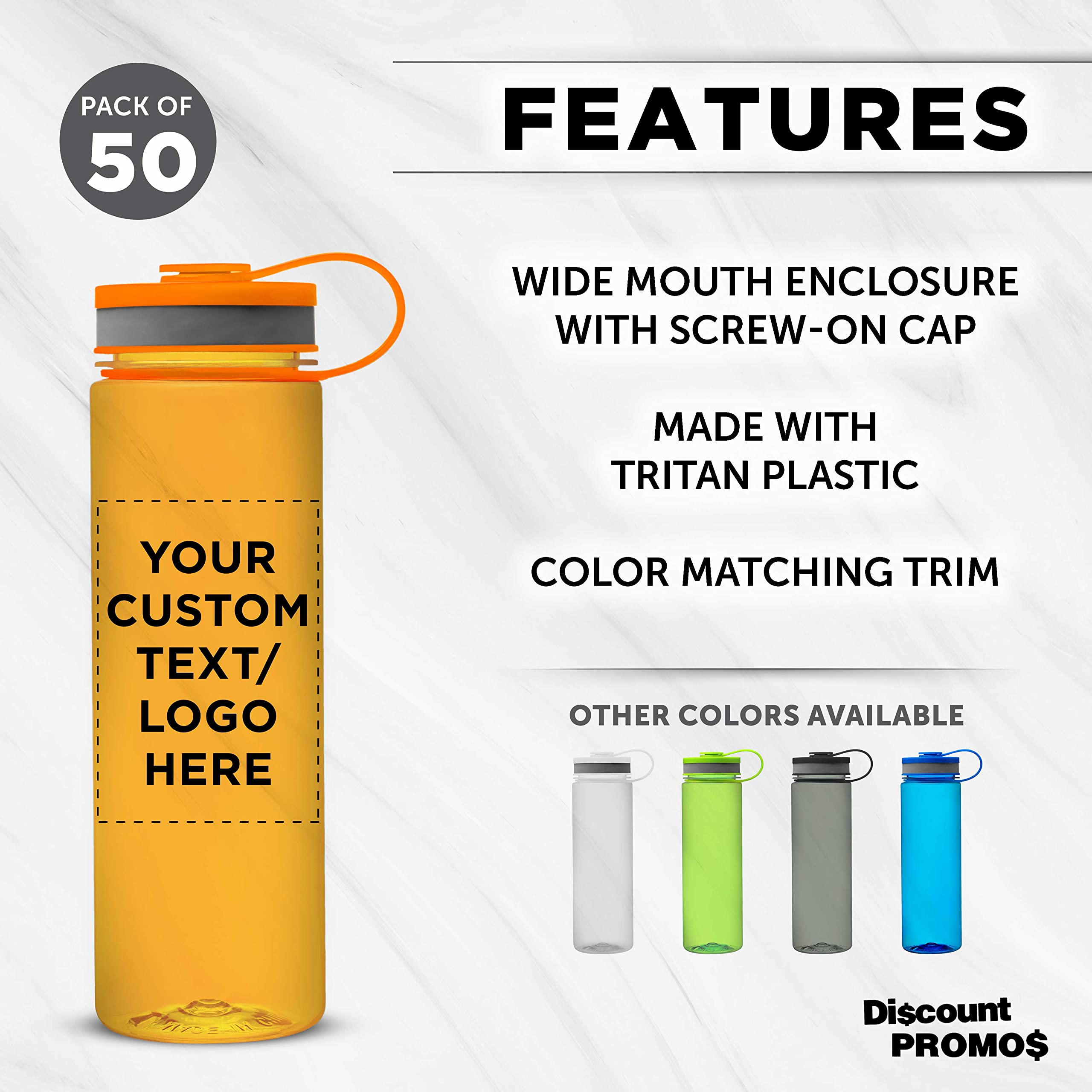 Custom 26 oz Wide Mouth Water Bottles - Bulk Pack of 50, BPA Free, Personalized with Logo - Perfect for Gym, Camping, Hiking, School & Team Events - Orange Sports Water Bottles for Hydration On The Go