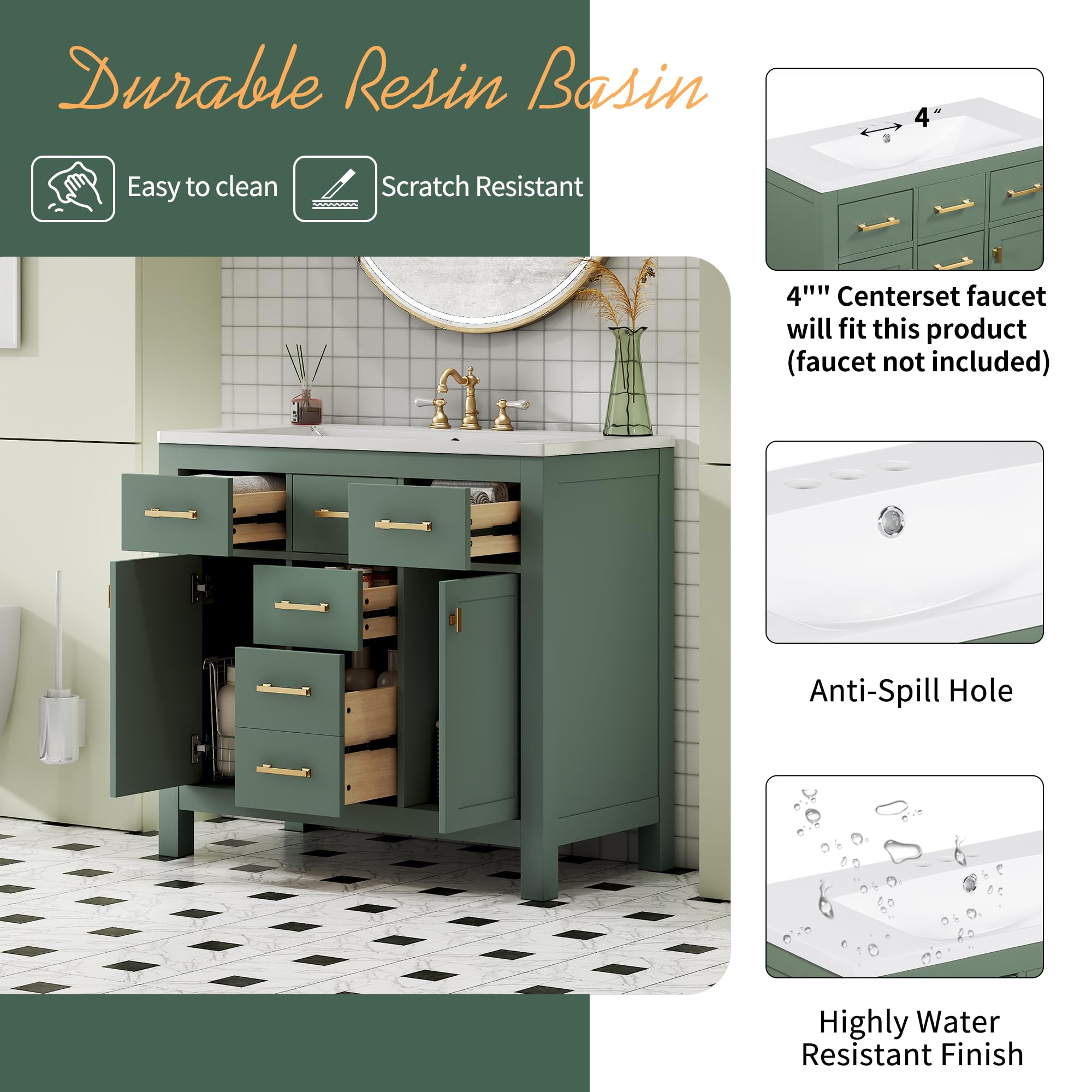 36 Inch Freestanding Bathroom Vanity with Undermount Resin Sink - Solid Wood Single Vanity with 4 Drawers & 2 Soft-Close Doors - Modern Green Bathroom Sink Cabinet for Small Bathrooms & Powder Rooms