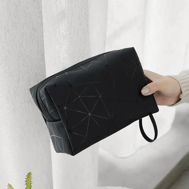 JUBLYN Waterproof PU Leather Cosmetic Bag - Multipurpose Makeup Pouch with Zipper, Soft Geometric Toiletry Organizer for Women & Girls (Black) | Perfect for Travel, Gym, and Daily Essentials Storage