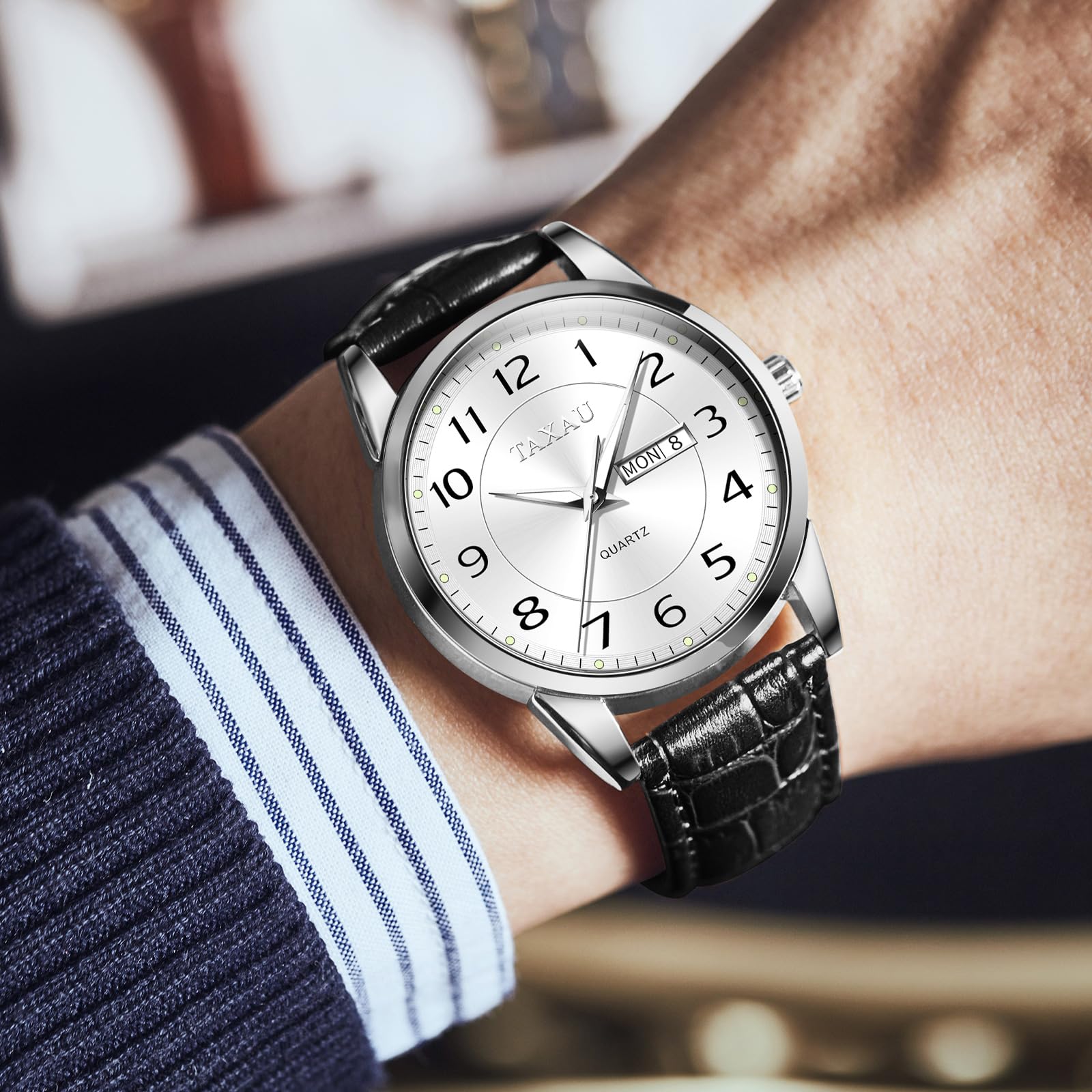 Luxury Men's Analog Quartz Watch - Big Face Black Leather Waterproof Wristwatch with Luminous Hands & Date Display - Perfect for Business, Casual & Dress Occasions