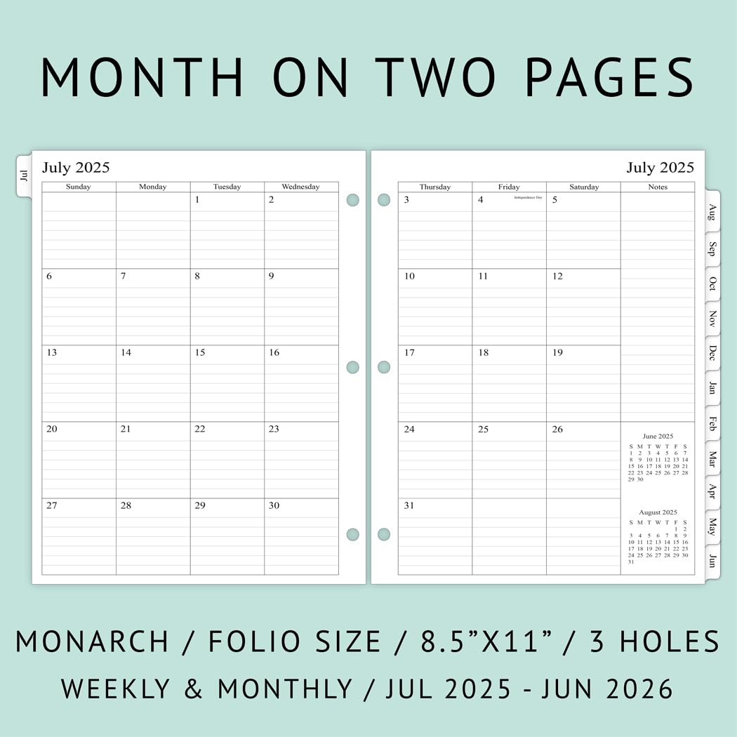 Newestor 2025-2026 Weekly Planner Refill Pages for 3-Ring Binder - July 2025 to June 2026 Calendar with Monthly Tabs, 8.5