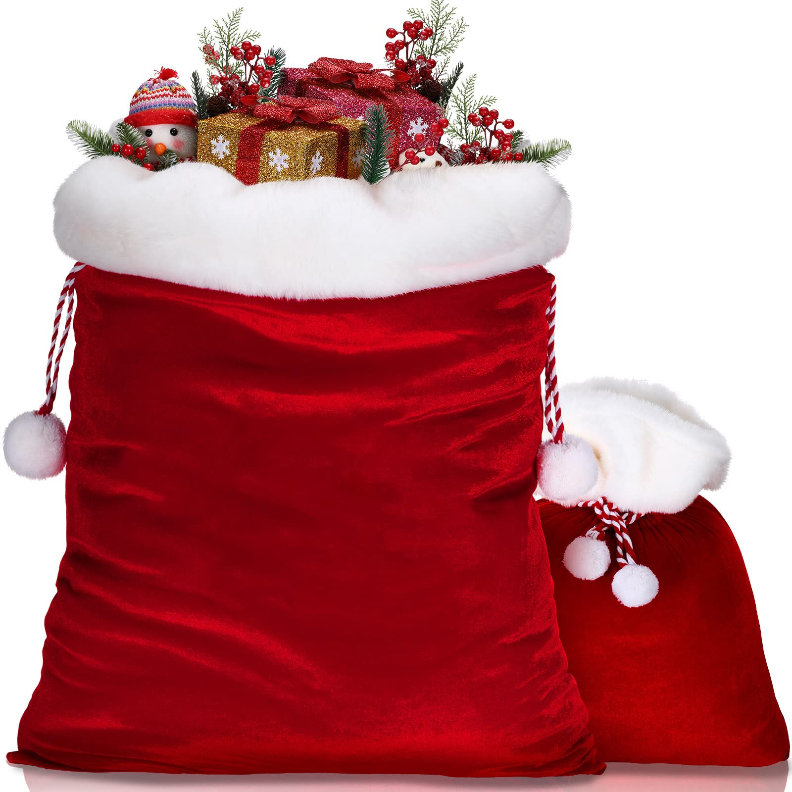 Shappy 2-Piece Christmas Velvet Santa Gift Bags with Drawstring - Large & Small Size Holiday Present Sacks for Xmas Toys, Decorations & Party Favors (Red)