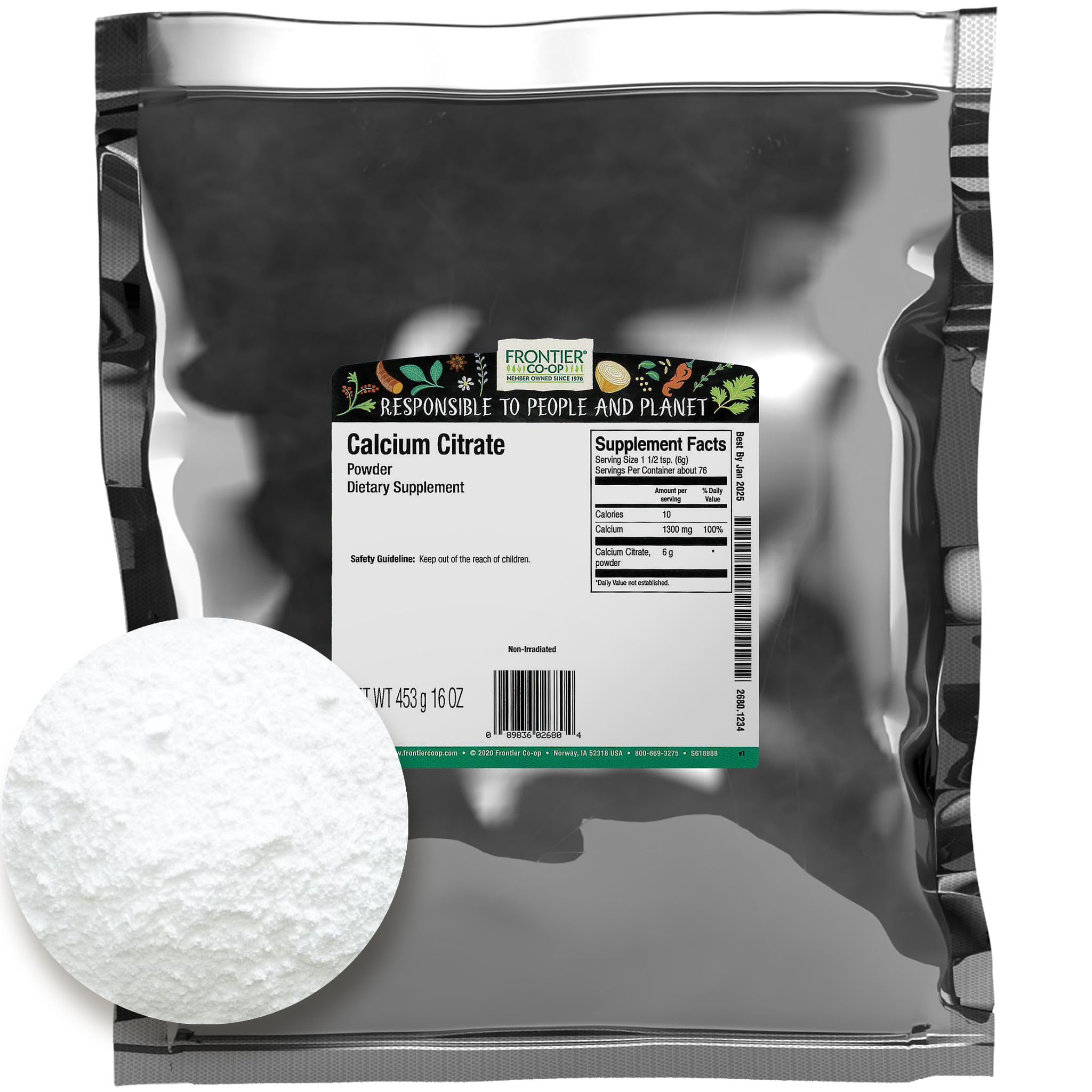 Frontier Bulk Calcium Citrate Powder - 16 Ounce (1 lb) | Pure & Natural Calcium Supplement for Bone Health | Ideal for Smoothies, Baking & Daily Nutrition