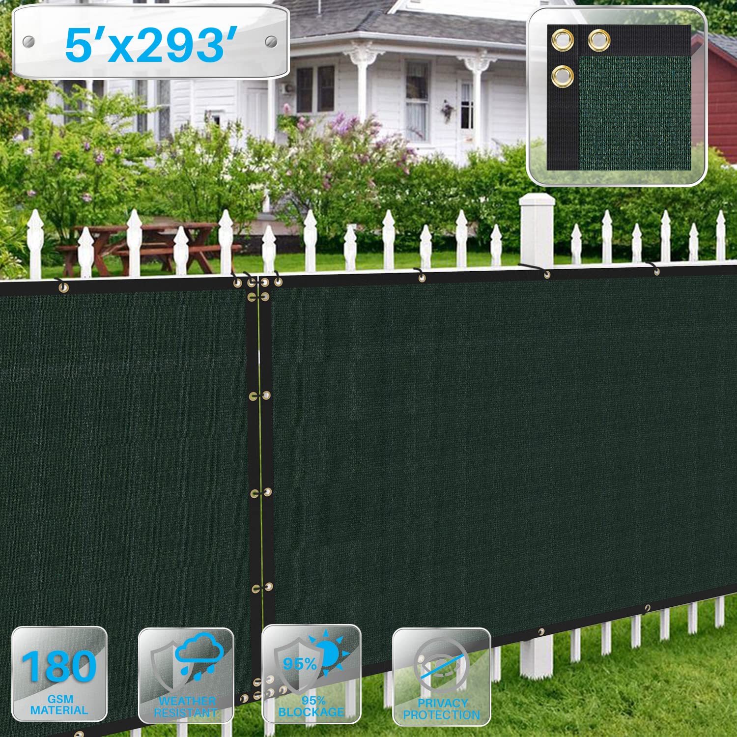 5'x293' Privacy Screen Fence - UV Block Mesh Shade Net with Brass Grommets for Garden & Backyard