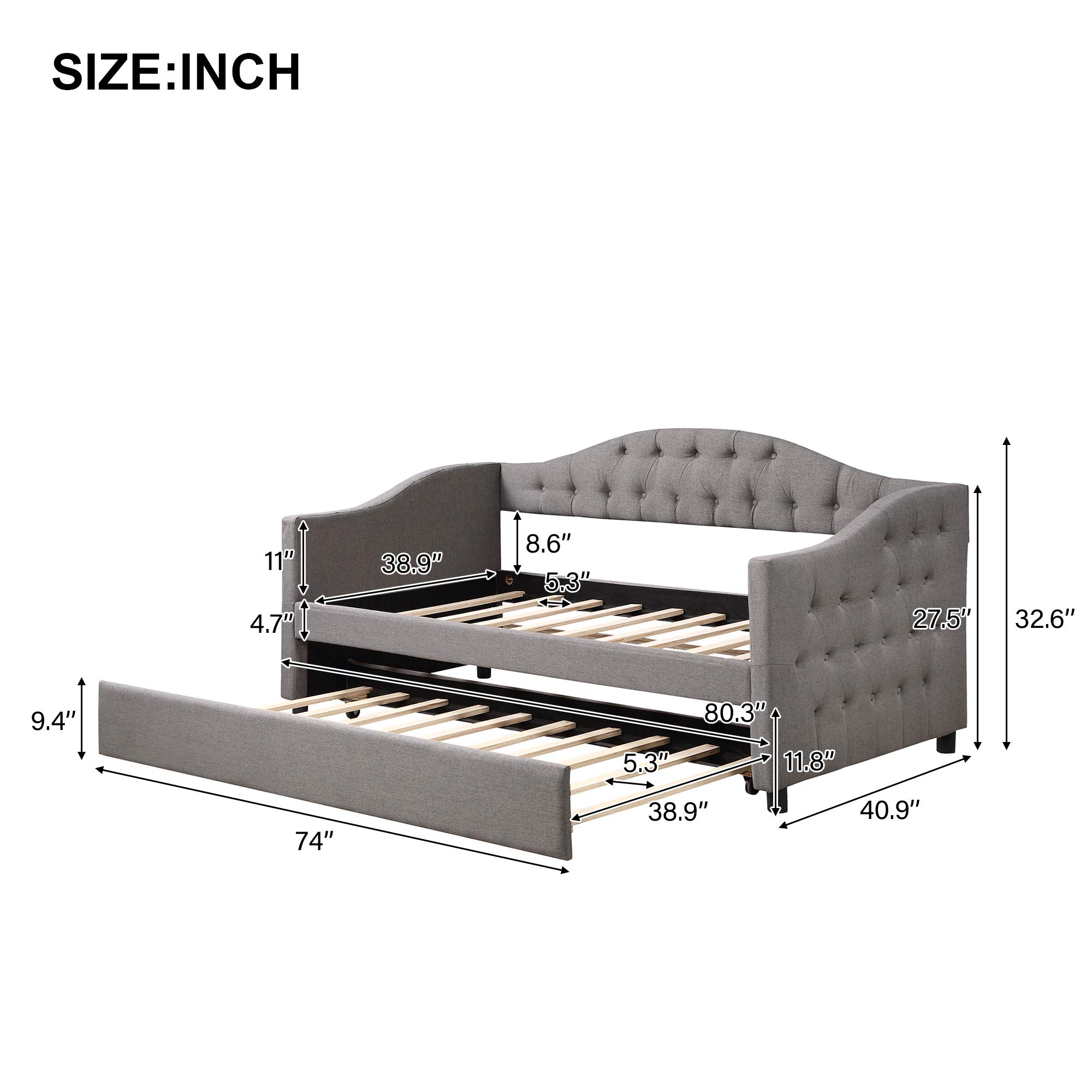 Modern Upholstered Twin Size Daybed with Trundle - Wood Slat Support Sofa Bed, No Box Spring Needed - Perfect for Family, Kids & Teens - Ideal for Guest Rooms, Dormitories & Small Spaces