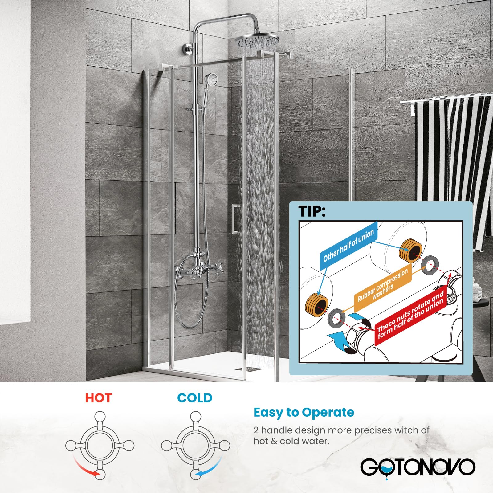 Gotonovo 8 Inch Rainfall Shower Head with Handheld Spray - Polished Chrome Wall Mount Bathroom Faucet Set (2 Functions) - Perfect for Modern Bathrooms & Spa-Like Showers