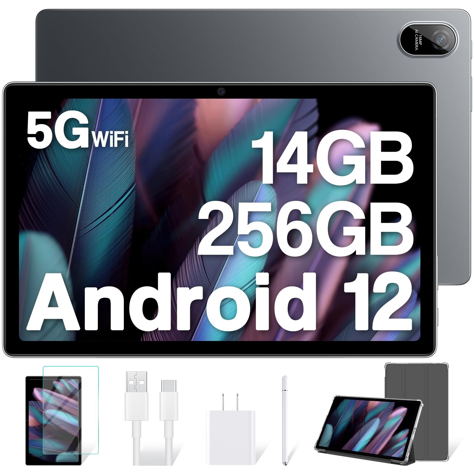 Blackview 10.36 Inch 2K Android Tablet - 14GB RAM (8+6 Expandable) 256GB ROM (Supports 1TB TF Card), 8380mAh Octa-Core Gaming Tablet, 16MP+16MP Dual Camera, Android 12 - 5G WiFi/GPS, Stylus Included (Gray) - Perfect for Work, Study, Gaming & Entertainment