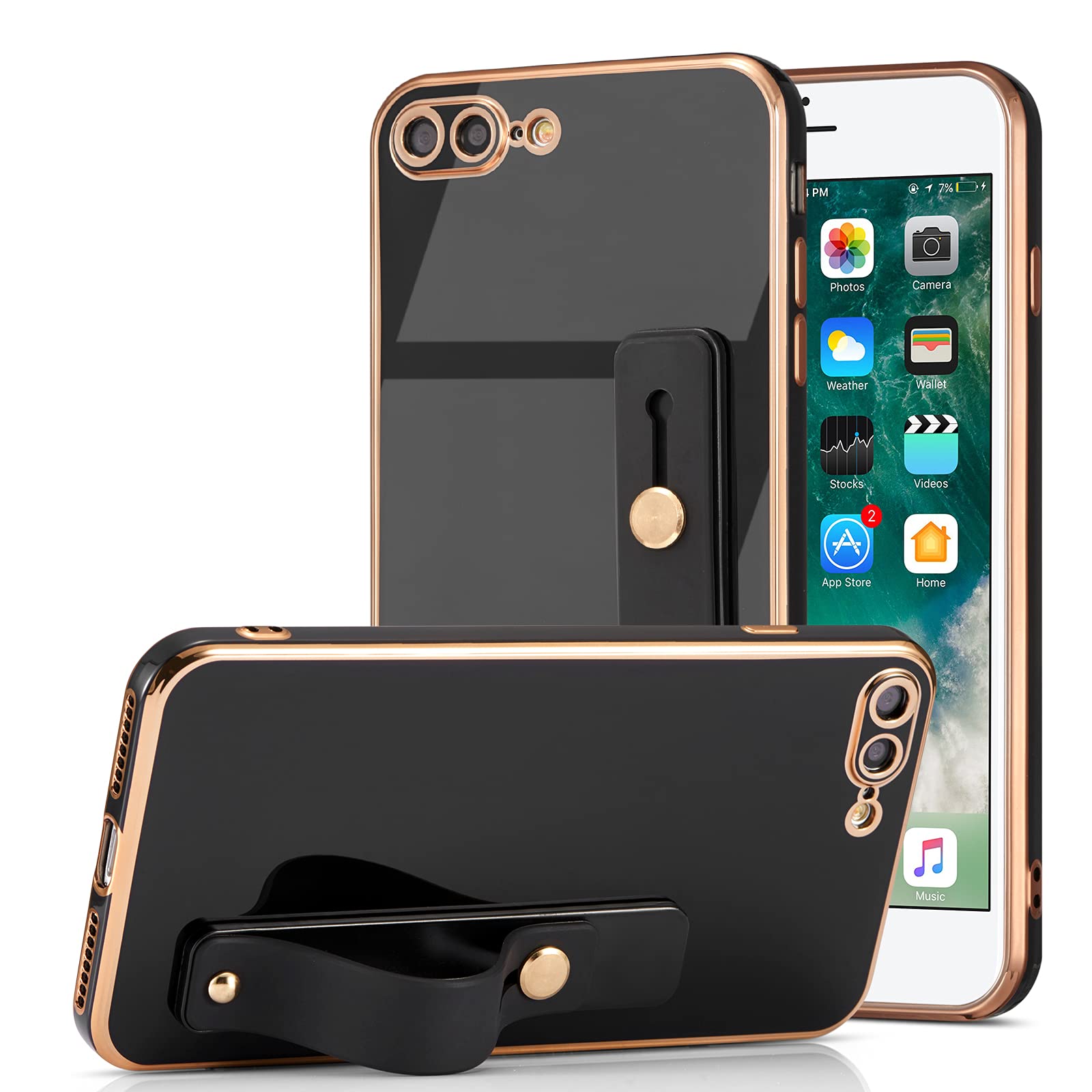 Premium Shockproof Silicone TPU Case for iPhone 7 Plus/8 Plus - Slim Electroplated Protective Cover with Wrist Strap, Kickstand & Finger Holder Loop (Black) | Perfect for Workouts, Outdoor Activities & Daily Protection