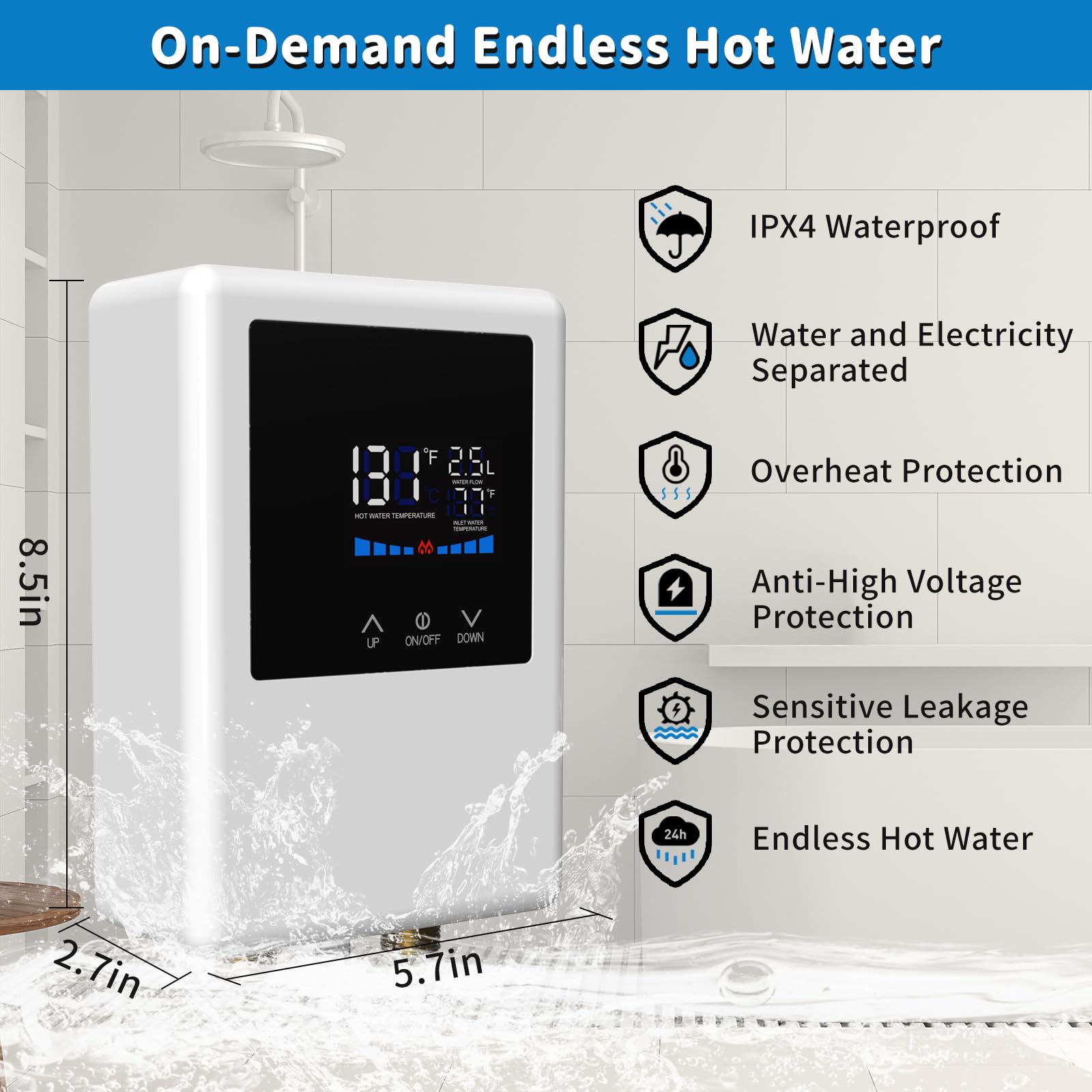 5500W Electric Tankless Water Heater - 110V Instant Hot Water System with Remote Control & LCD Touch Screen for Bathroom Sink, Kitchen Faucet - Space Saving On-Demand Water Heater (White) - Perfect for Small Apartments, RVs & Energy-Efficient Homes