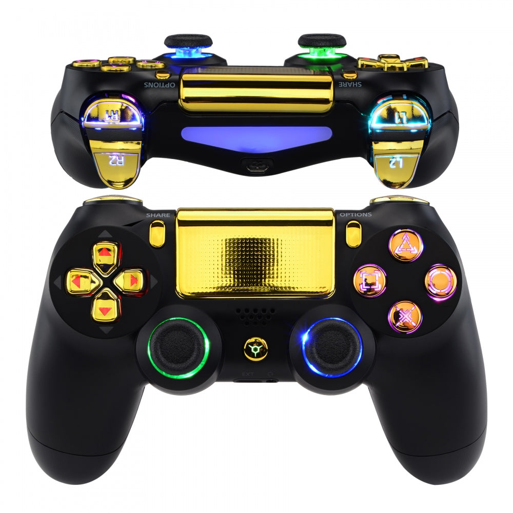 eXtremeRate Chrome Gold LED Button Kit for PS4 Slim & PS4 Pro Controller - Multi-Color Illuminated D-Pad, Thumbsticks & Face Buttons with Classic Symbols (DTFS/DTF 2.0) - Perfect for Gaming in Low Light & Custom Controller Modding (P4LED06, Controller Not Included)