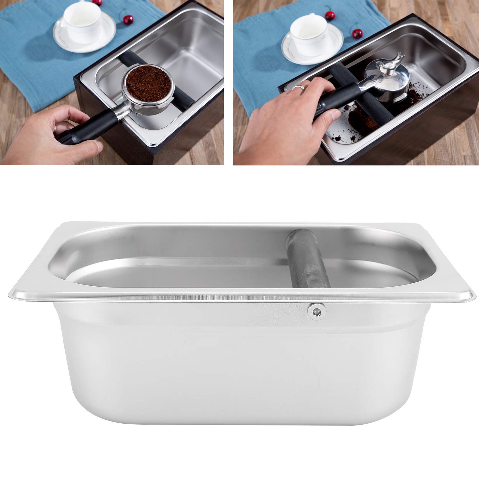 Stainless Steel Espresso Knock Box with Built-in Container - 10.4x6.3x3.9 Inch Coffee Grounds Bin for Barista & Home Brewing - Perfect for Espresso Machines & Coffee Shops