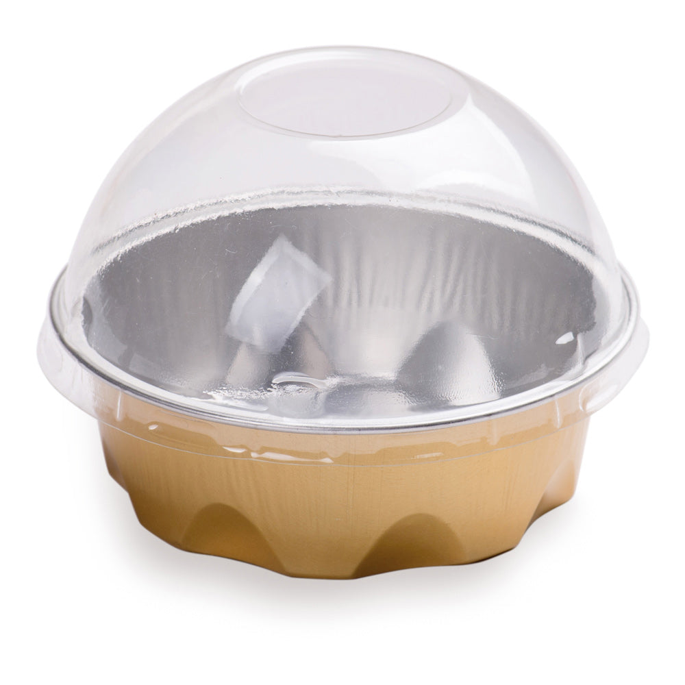 3 oz Round Gold Aluminum Baking Cups with Plastic Dome Lids - 3.25