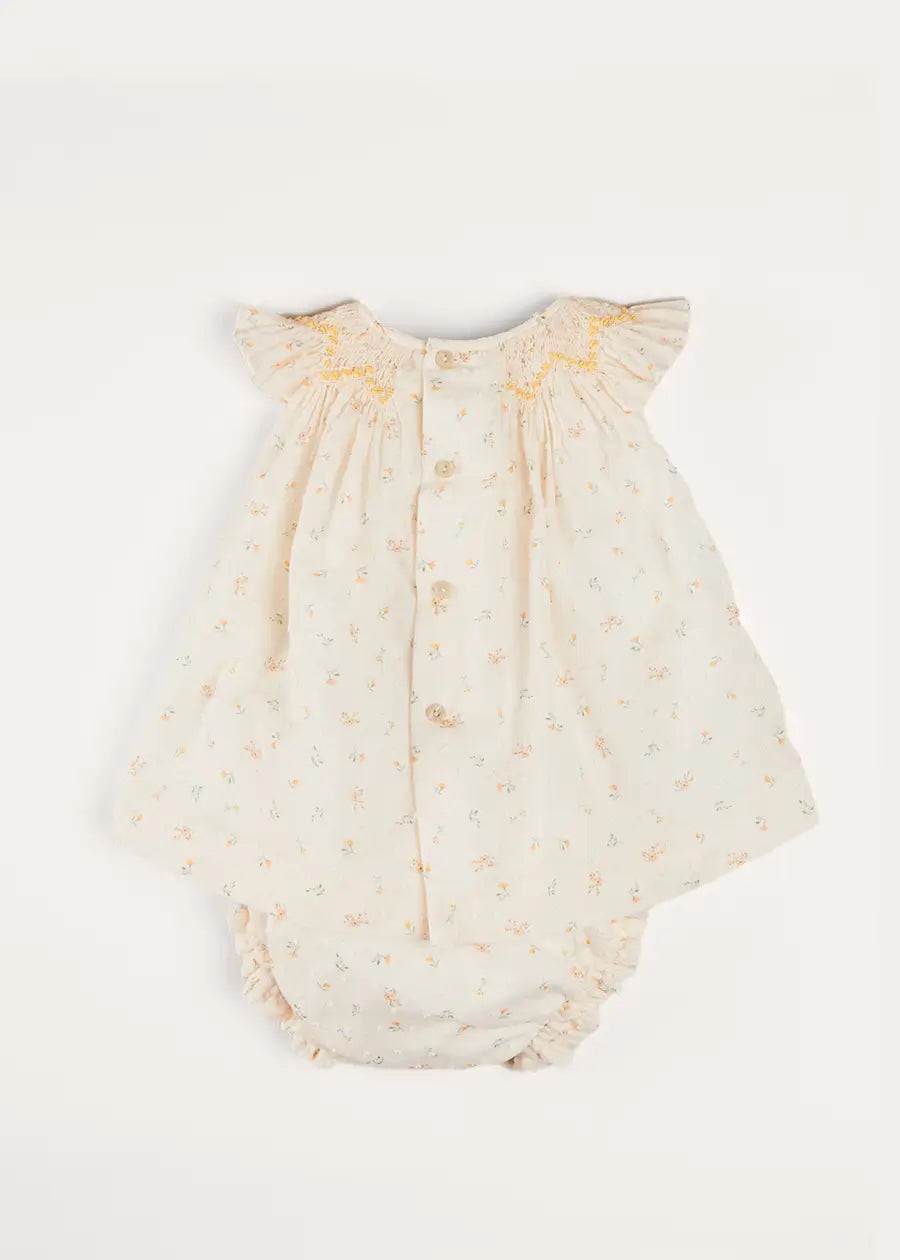 Esme Floral Hand Smocked Sleeveless Baby Dress with Bloomers - White (1-12 Months) | Perfect for Photoshoots, Special Occasions & Everyday Wear
