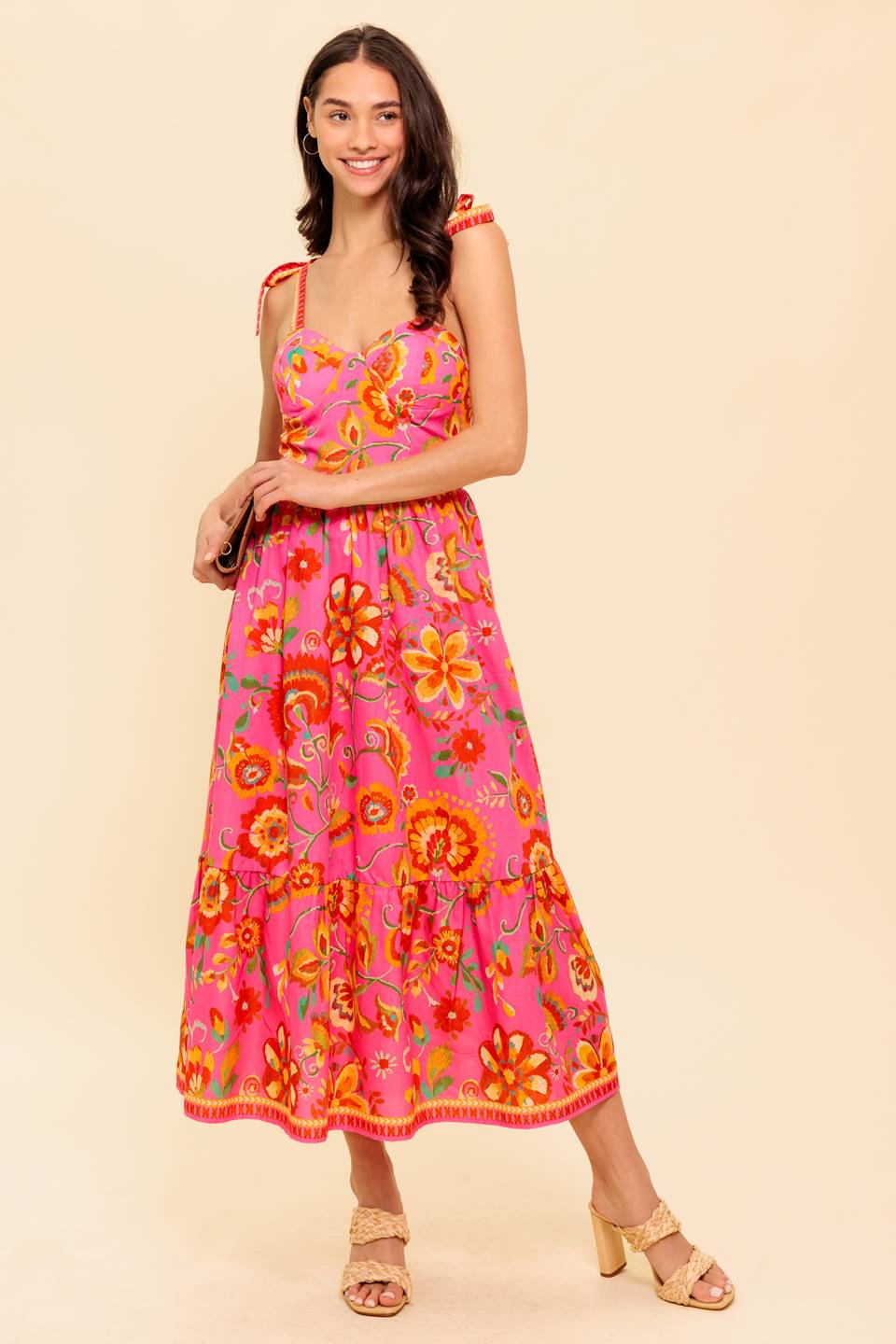 Garden Gathering Bustier Midi Dress in Pink Multi - Perfect for Summer Parties, Weddings, and Outdoor Events