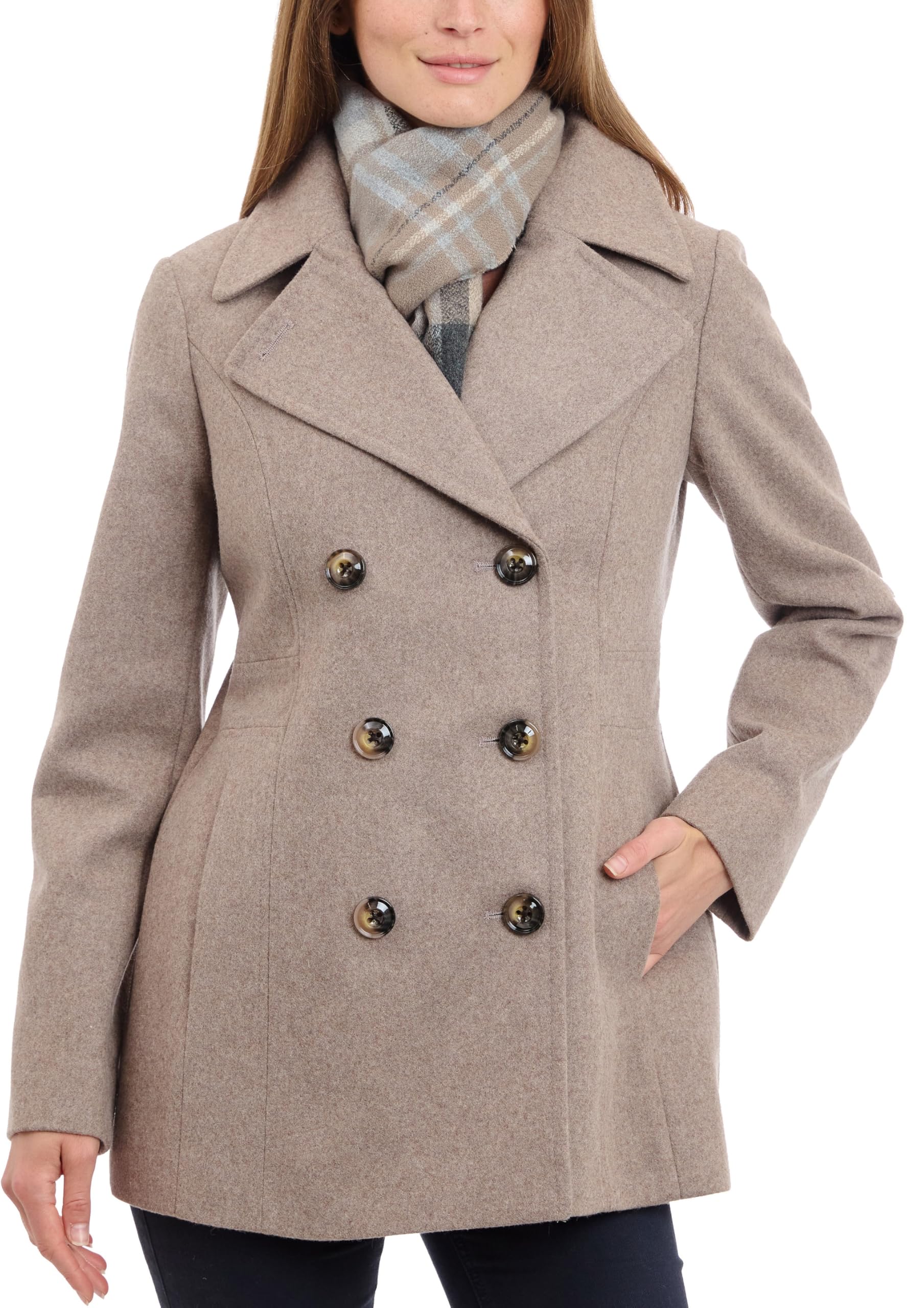 London Fog Women's Classic Double Breasted Wool Peacoat with Detachable Scarf - Warm Winter Coat for Office, Travel & Formal Occasions