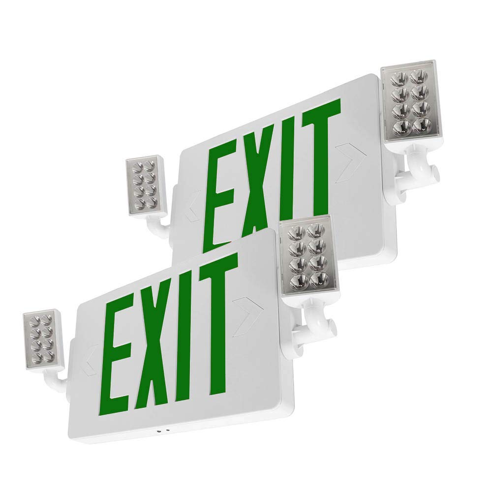 LFI Lights - UL Listed Thin Combo Green LED Exit Sign with Emergency Lights | White Housing | 2 Adjustable Heads | Hardwired with Battery Backup (2 Pack) | Perfect for Offices, Schools & Commercial Buildings