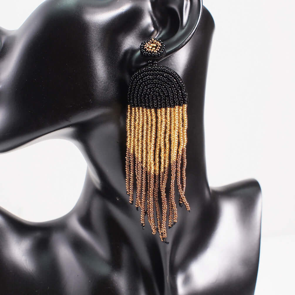 Bohemian Color Seed Beads Tassel Fringe Earrings for Women | Handmade Dangle Earrings with Natural Stones | Perfect for Festivals, Parties and Boho Fashion (Style E68671)
