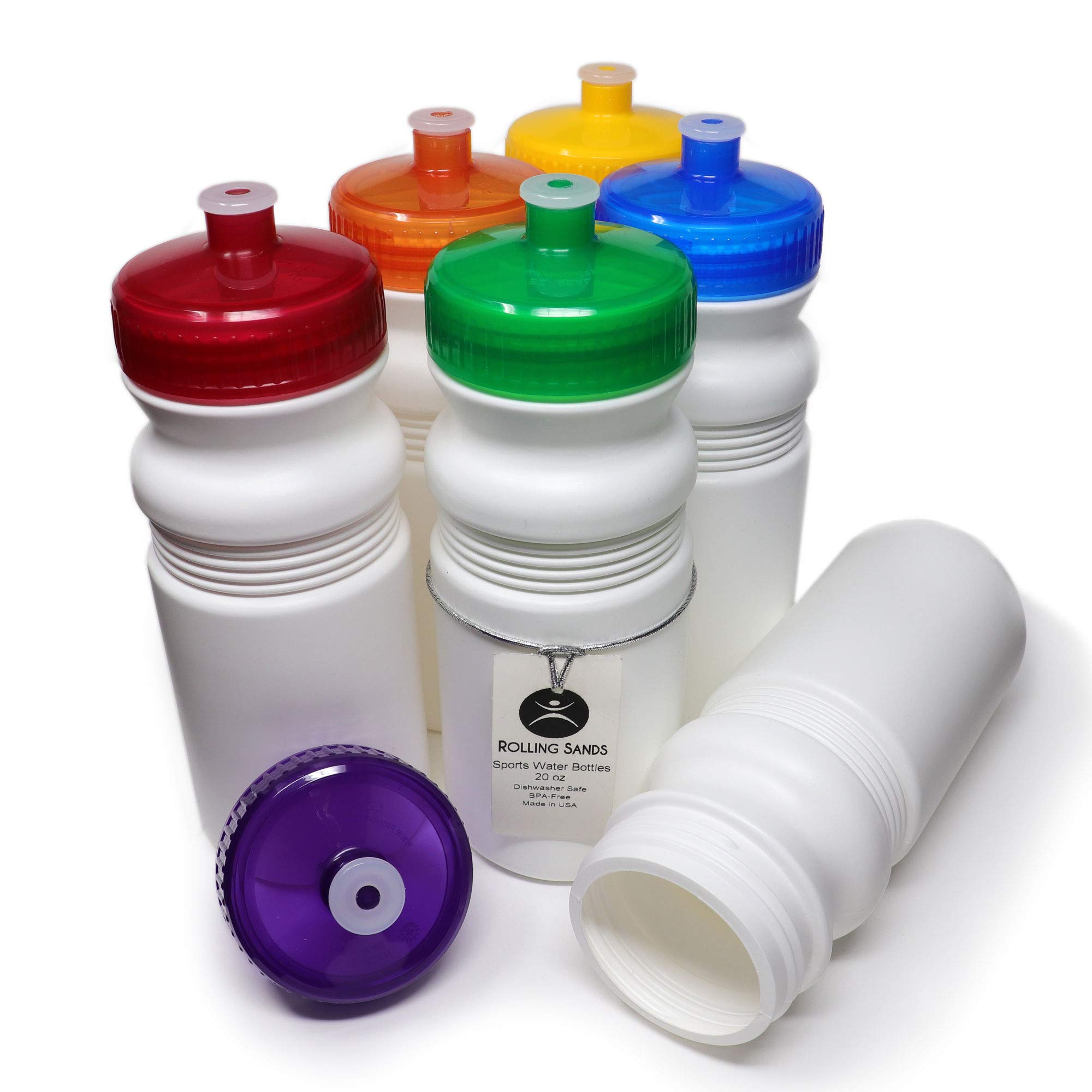 Rolling Sands 20oz BPA-Free Sports Water Bottles 6-Pack - Dishwasher Safe, Made in USA - White & Rainbow Colors - Perfect for Gym, Hiking, Camping, and Outdoor Activities