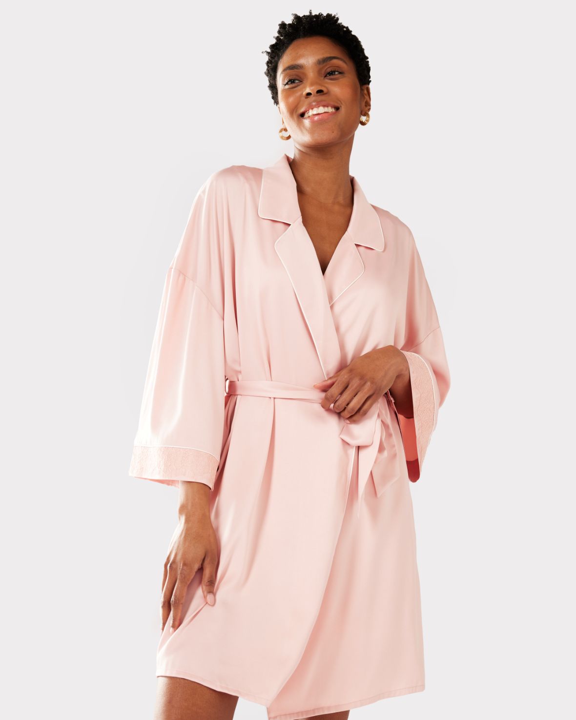 Luxury Satin Lace Trim Robe Dressing Gown for Women - Soft Blush Pink Kimono Style Bathrobe - Perfect for Spa, Bridal Shower, Honeymoon & Relaxation at Home