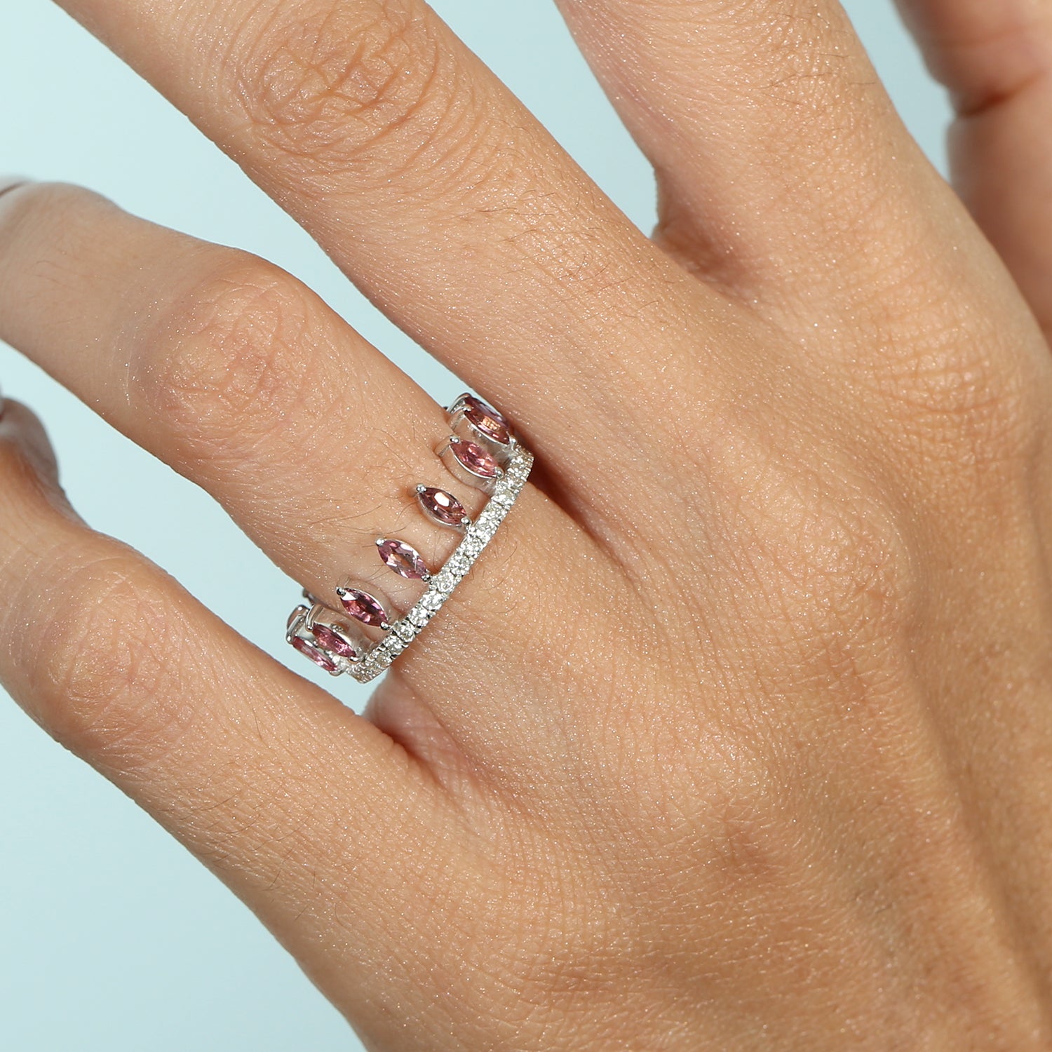 14K White Gold Marquise Pink Tourmaline and Diamond Pave Tiara Band Ring - Elegant Bridal Jewelry for Weddings, Prom & Special Occasions