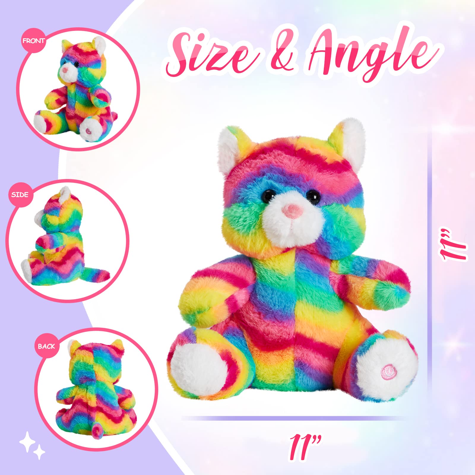 Glowing Rainbow Cat Stuffed Animal - LED Light Up Plush Toy with Night Light & Lullaby, Soft Cute Kitty Wildlife Decor for Kids Toddlers (11