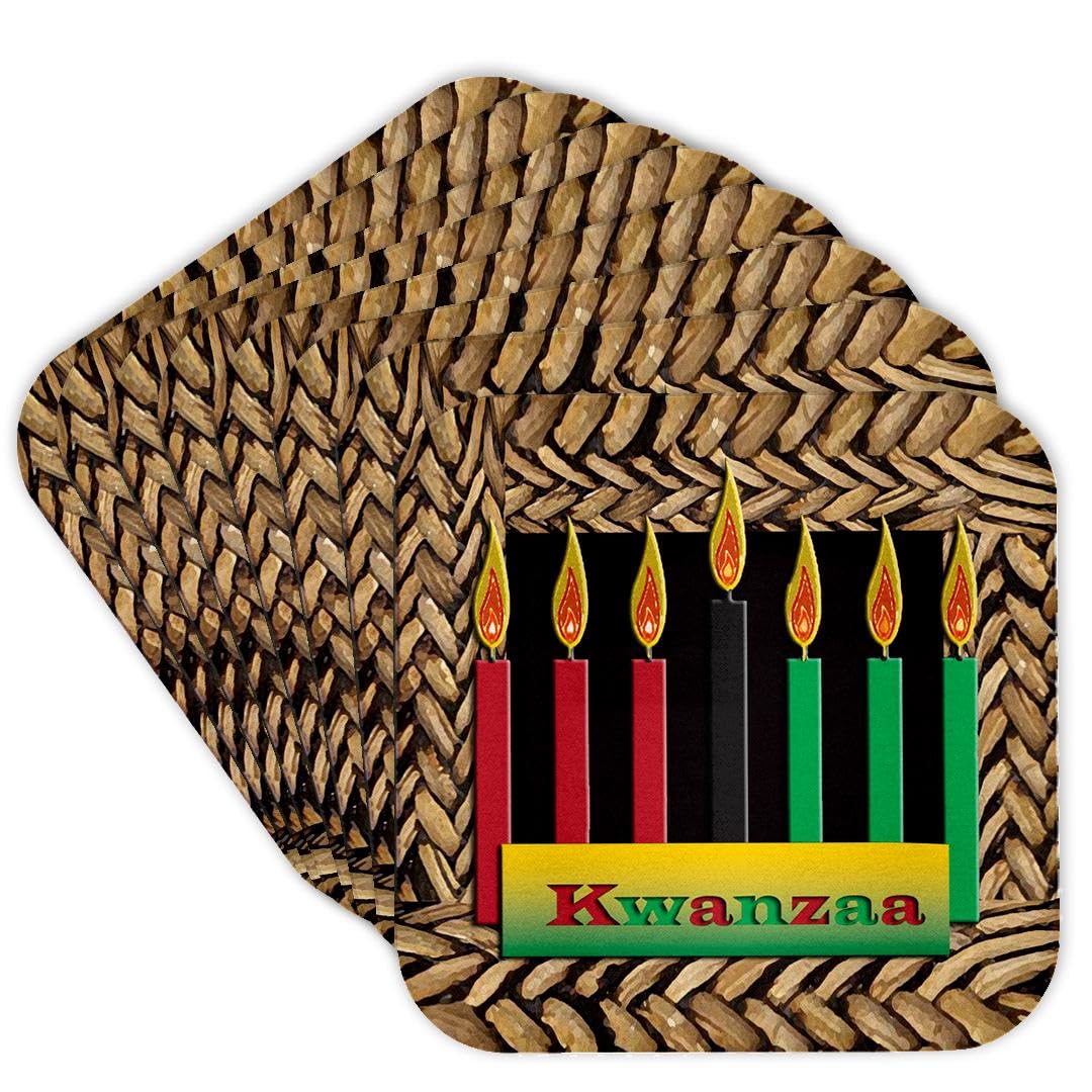 3D Rose Kwanzaa Candles Soft Coasters Set of 8 - Holiday Drink Coasters for Christmas, Hanukkah & African American Celebrations - Perfect for Dining Table, Coffee Table & Party Decor
