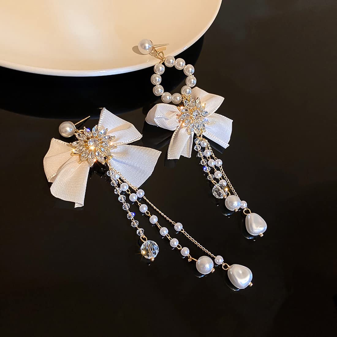 Boho Pearl Drop Earrings for Women – Lightweight Dangle Tassel Bow Earrings with Silver Stud Hoops | Perfect for Weddings, Parties & Everyday Wear