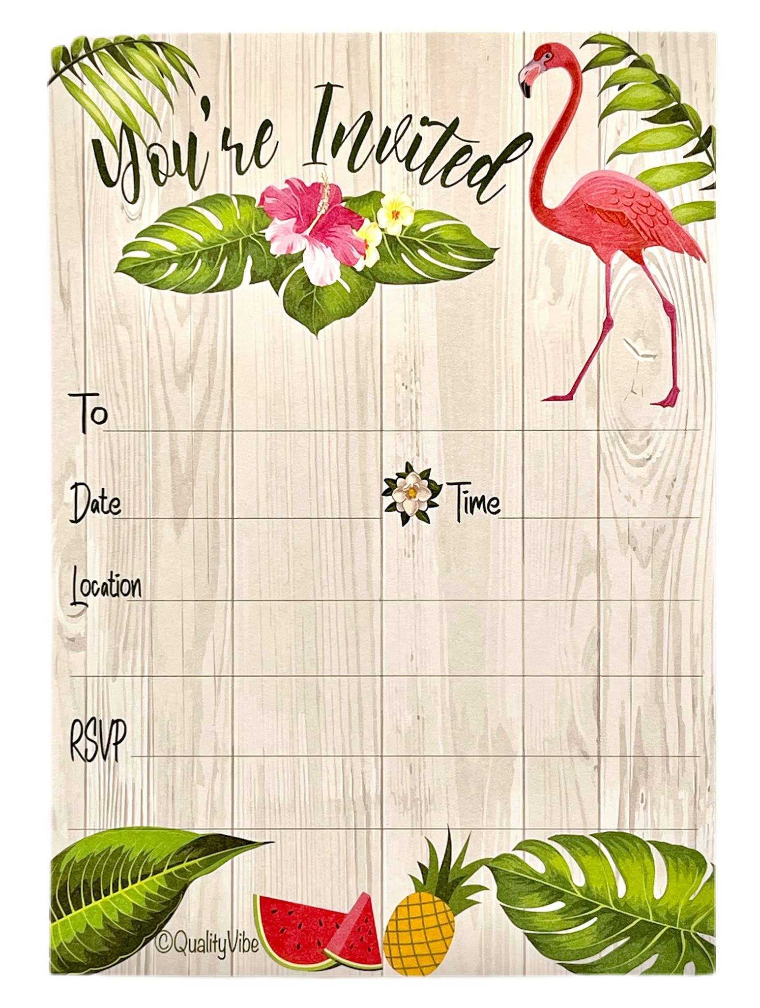 25 Premium Flamingo Themed Party Invitations with Envelopes - Tropical Pineapple & Watermelon Design for Birthdays, Baby Showers, Bridal Showers & Beach Parties - Thick Uncoated Cardstock Works with All Pens - Perfect for Summer Pool Parties & Luau Events