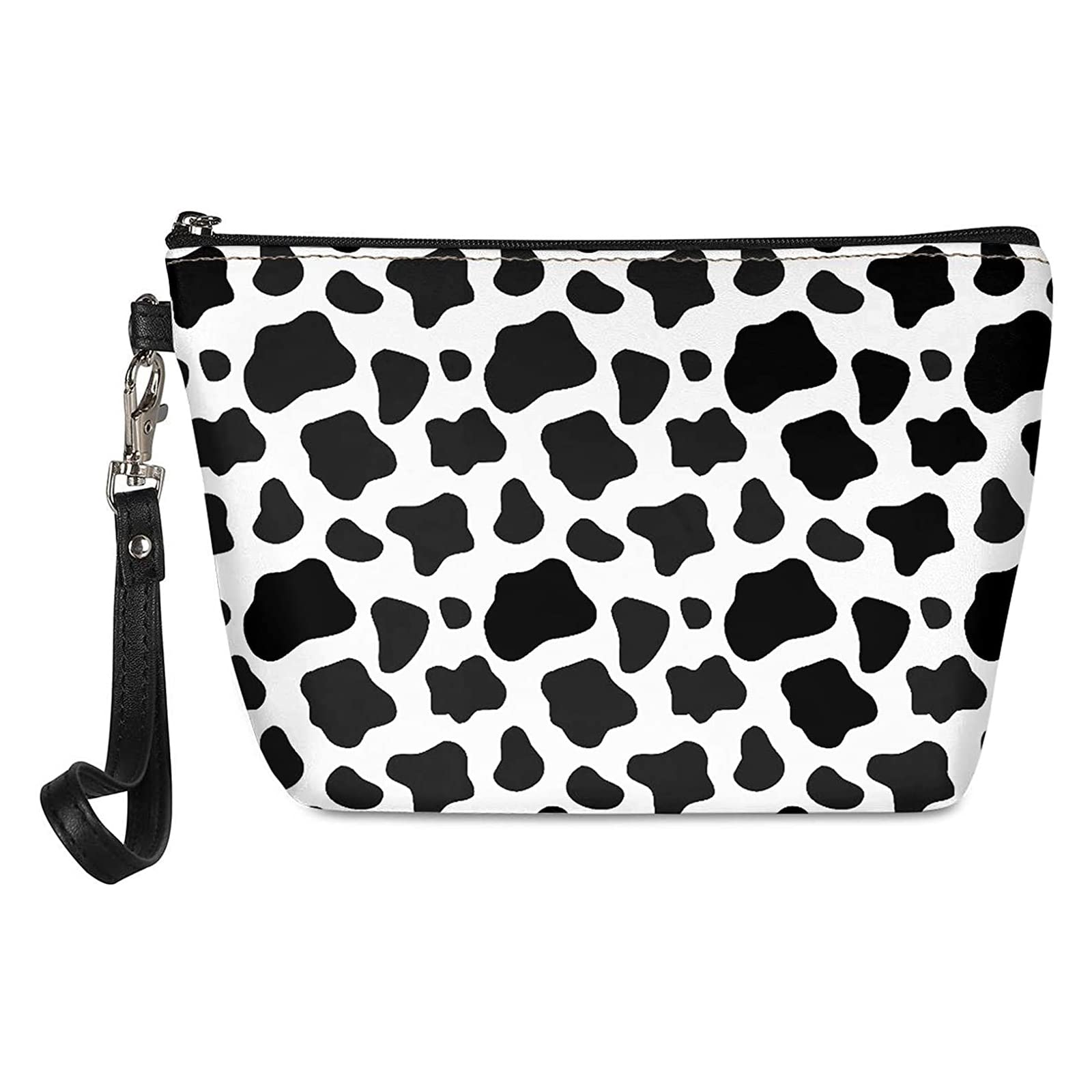 Jeiento Hanging Travel Toiletry Bag for Women - Waterproof Cosmetic & Pencil Organizer with Cute Cow Print (Black & White) - Perfect for Vacation, Gym, Camping & Daily Use