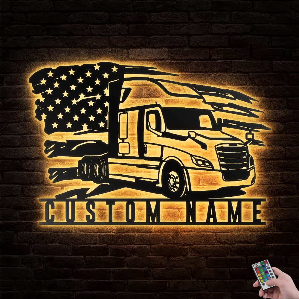 Custom Cascadia Truck Metal Wall Art with LED Lights - Personalized Trucker Black Metal Sign for Living Room, Outdoor Decor - Large 24x24 Inch Home Gift for Truck Drivers - Perfect for Man Cave, Garage & Office Decor
