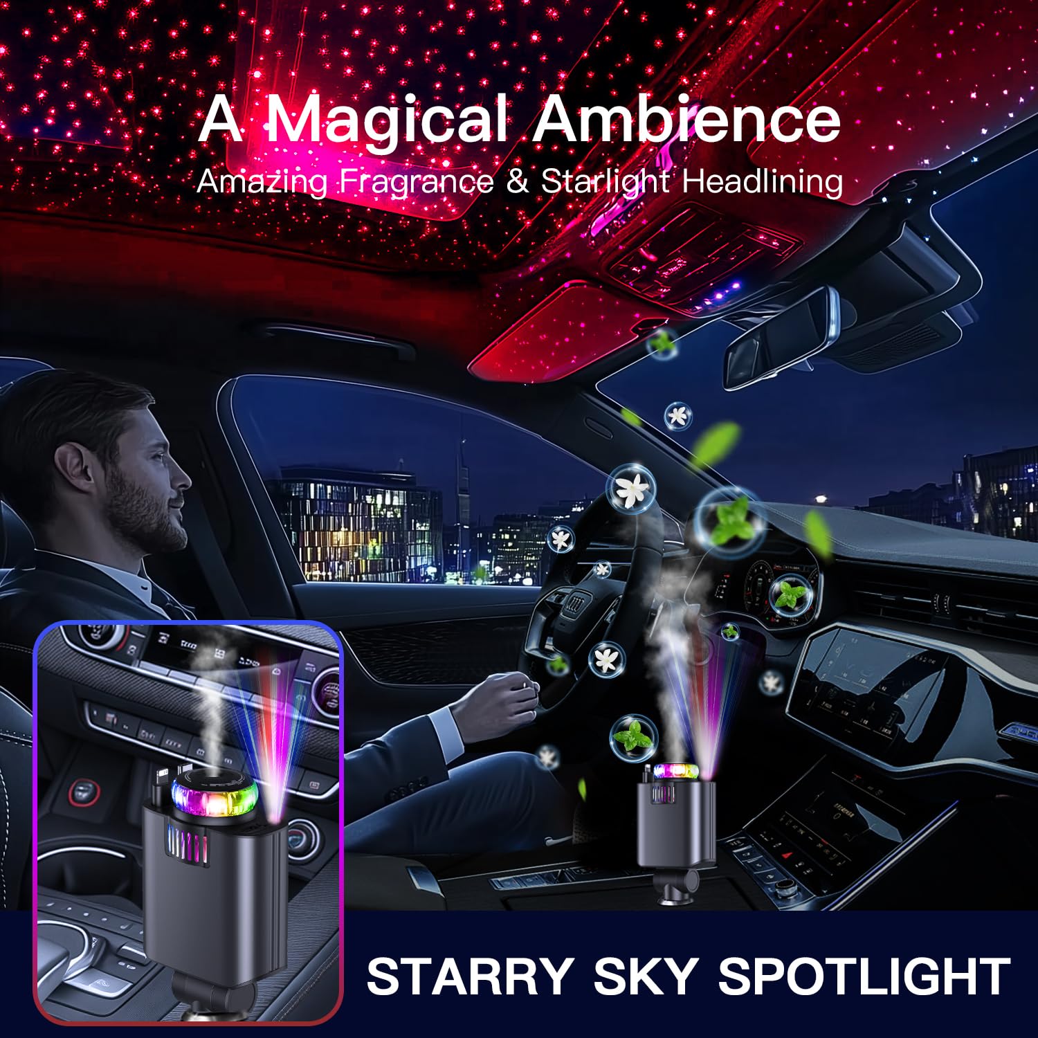 Fast Charging Retractable Car Charger with USB-C & Starlight Essential Oil Diffuser - Compatible with iPhone 16/16 Pro Max/15/14/13/12/11, Galaxy S25/S24/S23 Ultra, Pixel - Perfect for Road Trips & Aromatherapy While Driving
